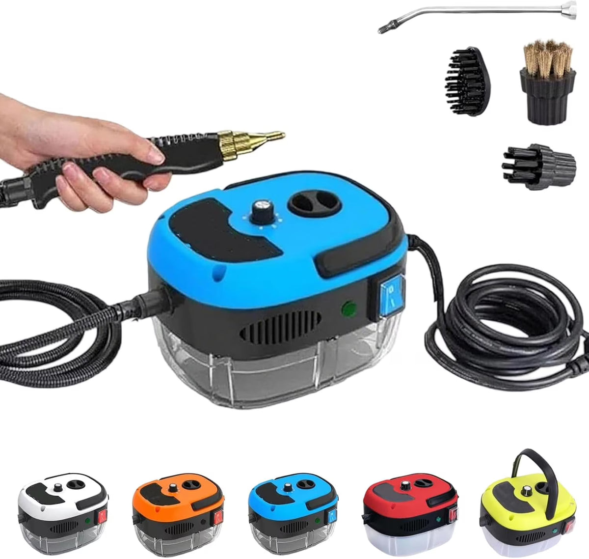 Versora Pro Car Steam Cleaner 2500w High-Temp Portable Machine, 6 Speeds Adjustable, With 3 Different Brush Heads, 1l Large Water Tank, For Home, Auto Detailing (Blue)