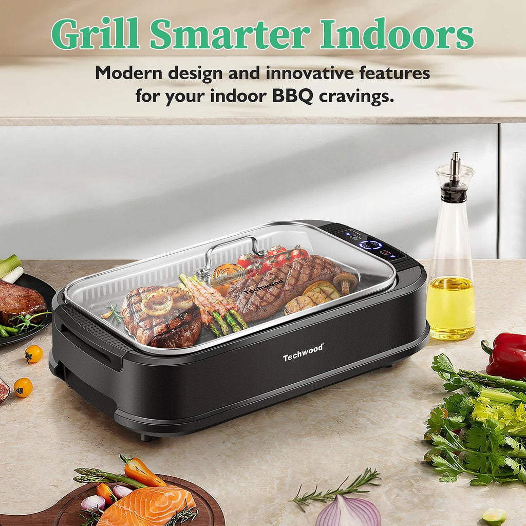 Techwood Indoor Smokeless Grill, 1500W, Black, Electric Portable Korean BBQ Grill with Tempered Glass Lid