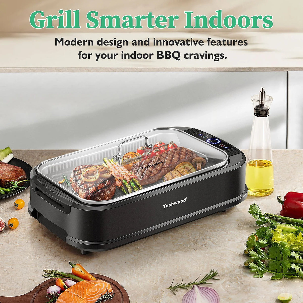 Techwood Indoor Smokeless Grill, 1500W, Black, Electric Portable Korean BBQ Grill with Tempered Glass Lid