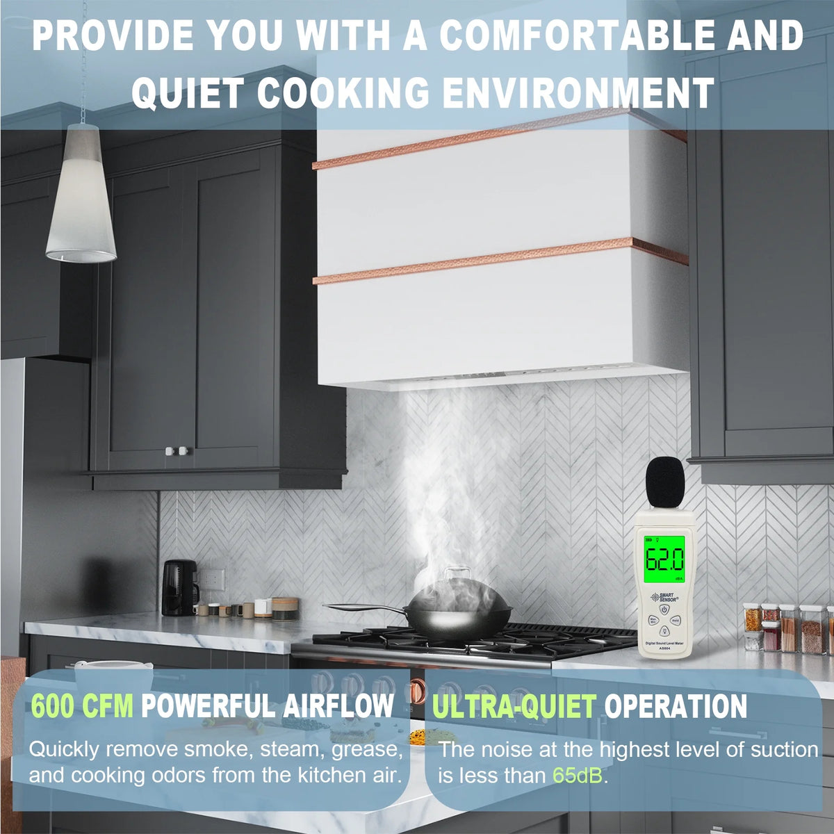 Akicon Range Hood 36 Inch, Ultra Quite Stainless Steel Kitchen Hood, Wall Mount Square Vent Hood with LED Light and Dishwasher-Safe Filters, Hood Vents for Kitchen, 3 Speeds, 600 CFM (AK-HS36HB-SWG)