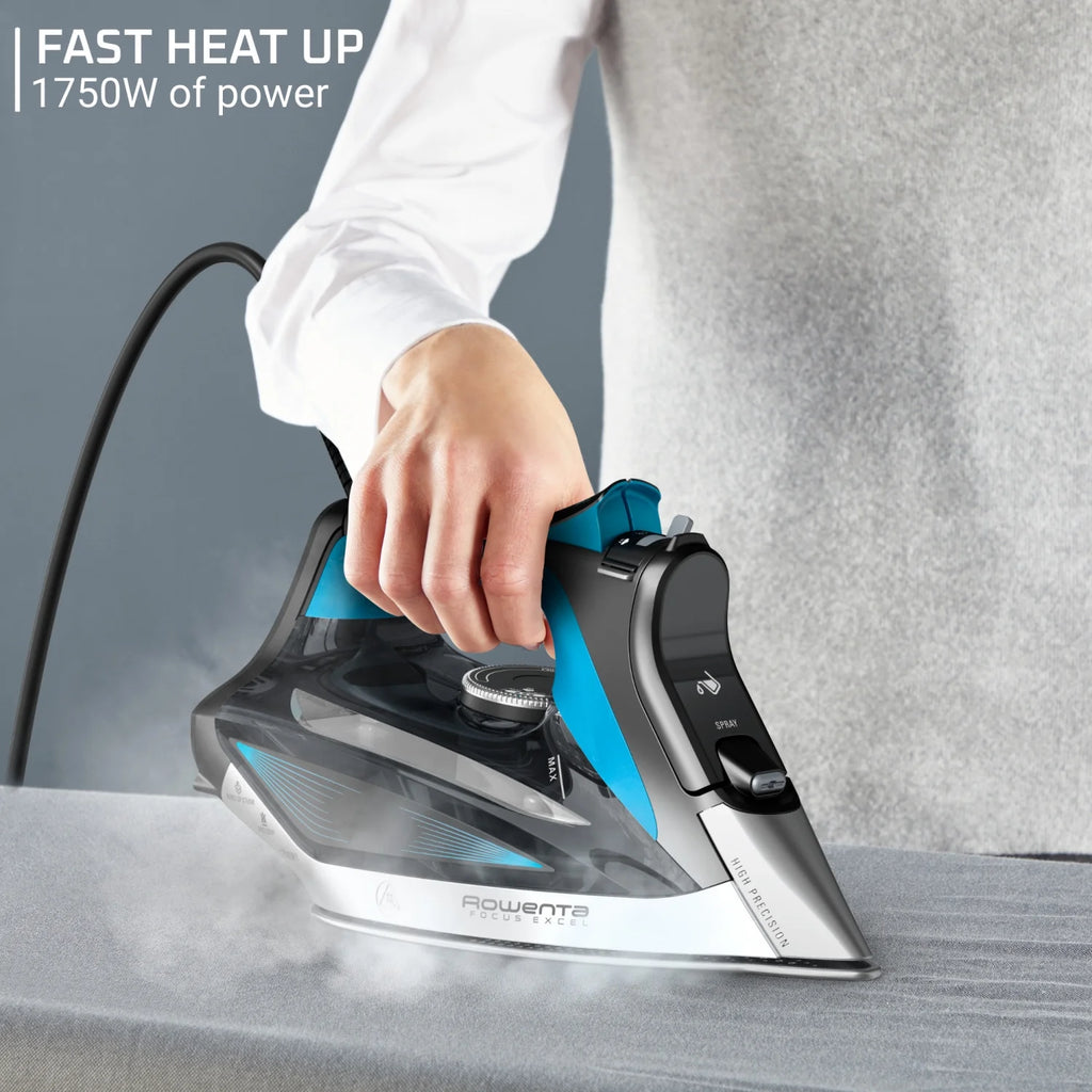 Rowenta Focus Excel Steam Iron for Clothes, Stainless Steel Soleplate, 1750 Watts, Black & Blue, DW5280