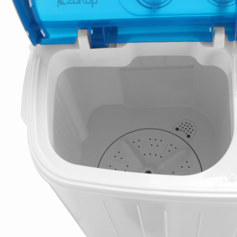 Semi-automatic Twin Tub Washing Machine with Built-in Drain Pump, 13Lbs Capacity, US Standard, White & Blue, Compact Design for Small Spaces
