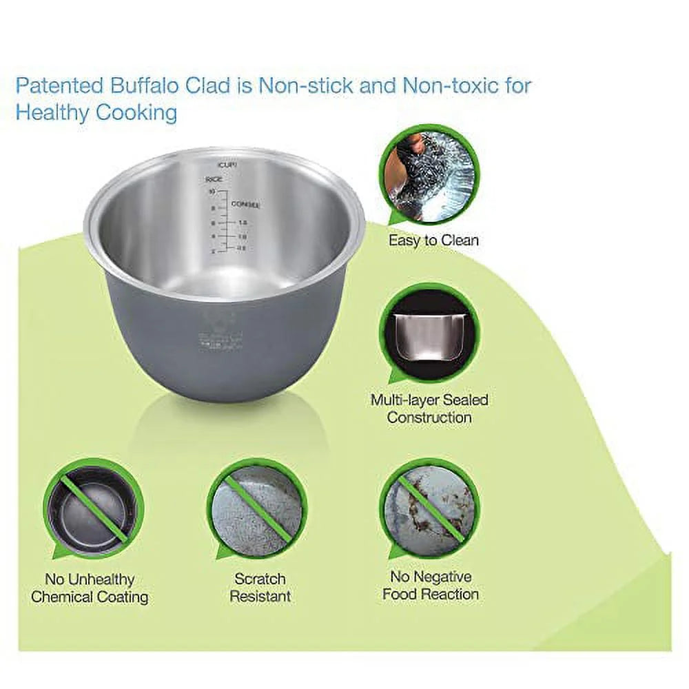 Buffalo Classic Rice Cooker with Clad Stainless Steel Inner Pot - Electric Rice Cooker for White/Brown Rice, Grain - Easy-to-clean, Non-Toxic & Non-Stick, Auto Warmer (5 Cup)