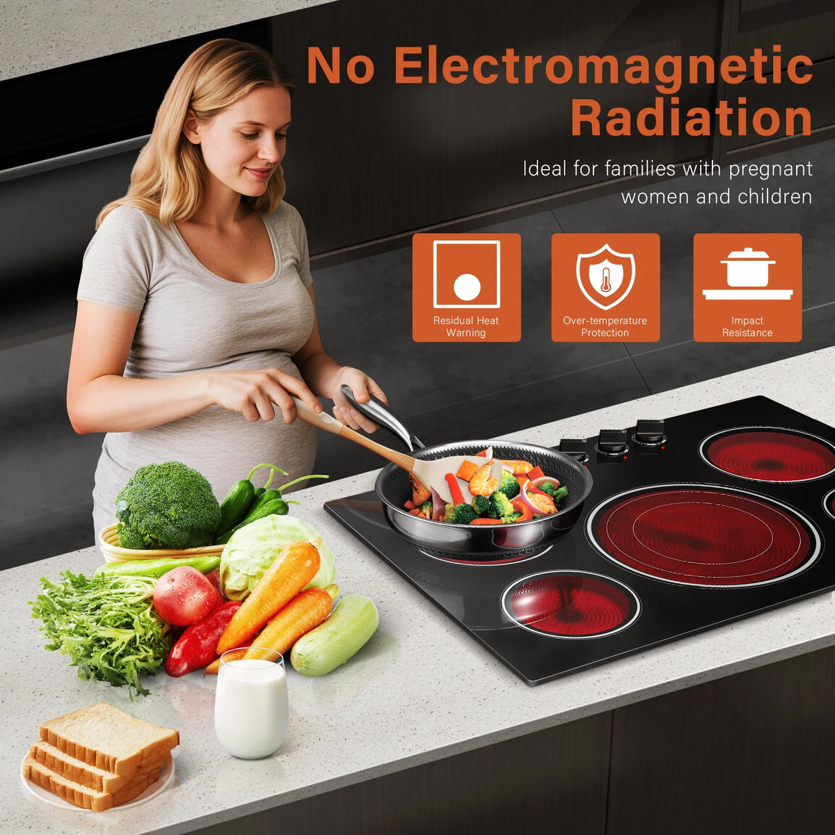 30in 5-Burner Built-In Electric Cooktop 9000W, Knob Control Ceramic Stove Easy Clean, No Radiation Family-Safe