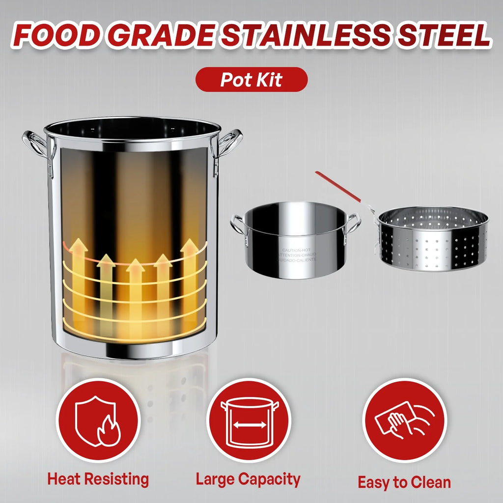 Hidpriva 30QT Stainless Steel Turkey Fryer Pot w/ SS Solid Stand, 55000BTU Propane Burner Stove, Waterproof Cover&12-inch skimmer|Outdoor Deep Fryer Pot