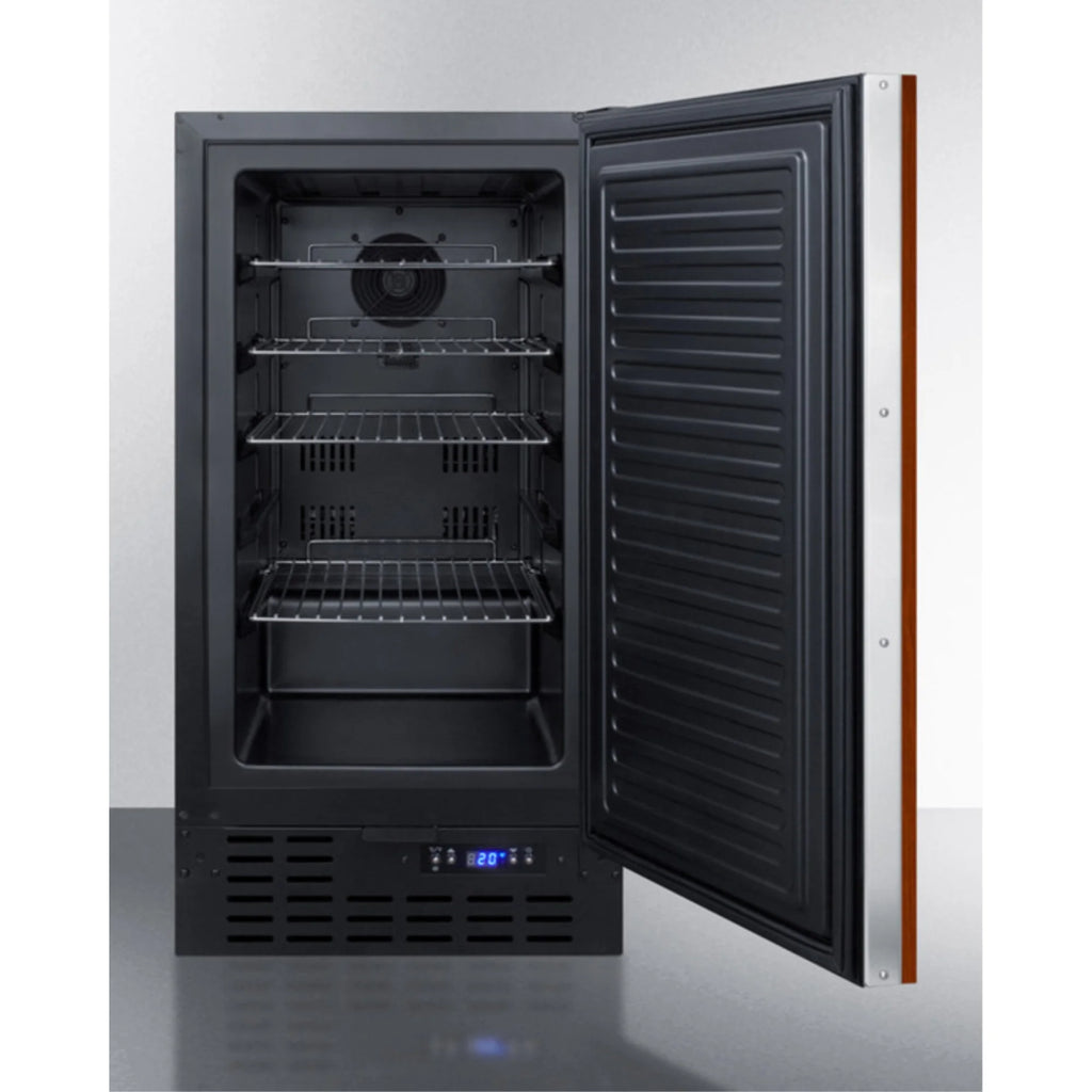 18" wide frost-free freezer in black for built-in or freestanding use, with integrated door frame for overlay panels