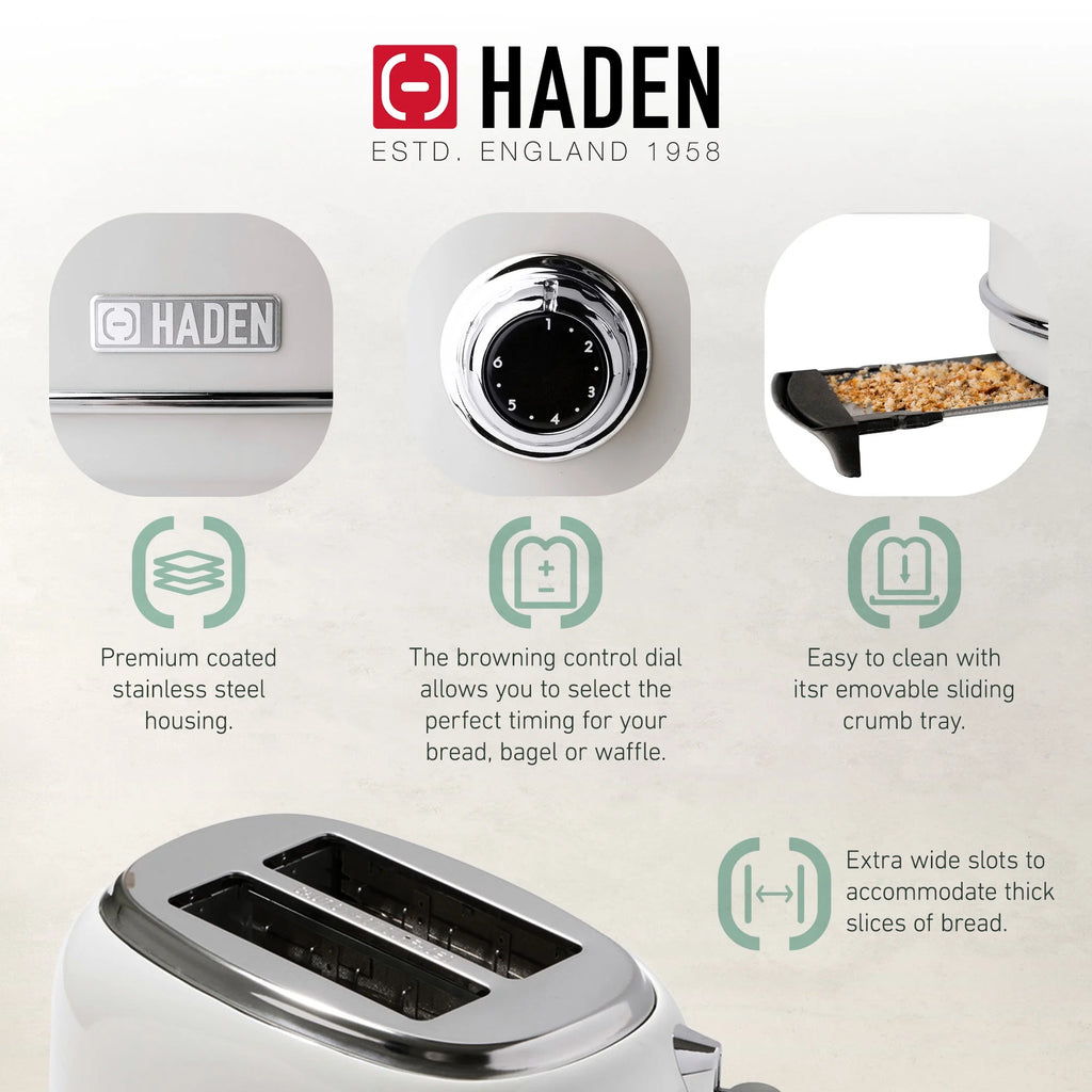 Haden Heritage 1.7 Liter Electric Kettle with 2 Slice Bread Toaster, White
