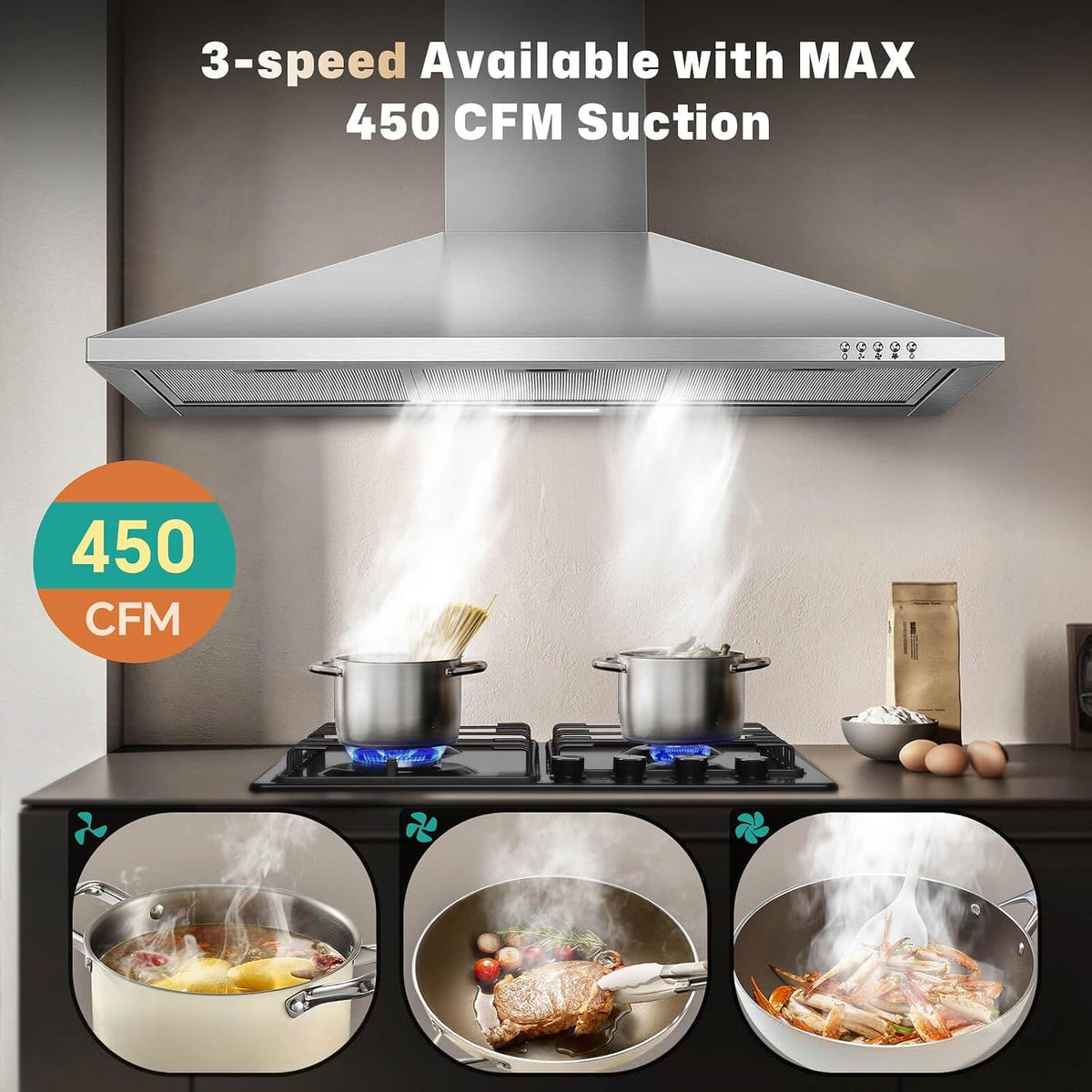 36-inch Wall Mount Range Hood 450CFM 3-Speed, Stainless Steel with LED Light, Adjustable Chimney 15.7-30.7in, Ducted/Ductless Ready, Quiet Under 55dB, 5-Layer Filters