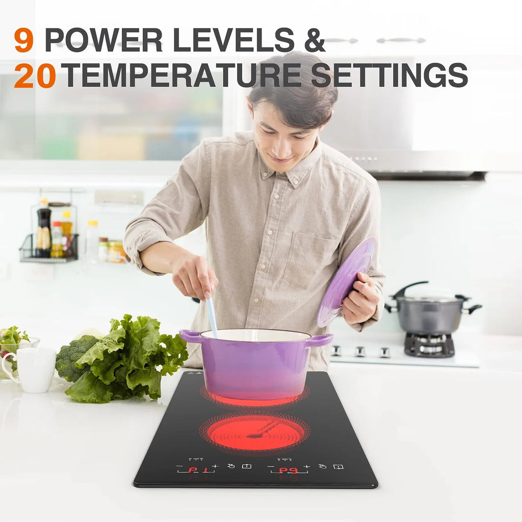 iMeshbean 12inch Electric Ceramic Cooktop 220V 3000W Electric Induction Cooktop 2 Burners Stove Top Built-In/Integrated Touch Control