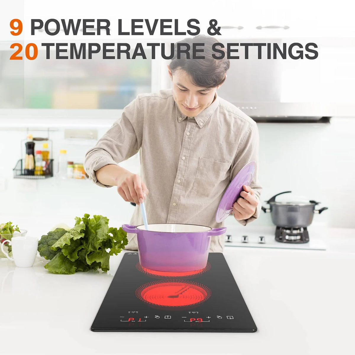 iMeshbean 12inch Electric Ceramic Cooktop 220V 3000W Electric Induction Cooktop 2 Burners Stove Top Built-In/Integrated Touch Control