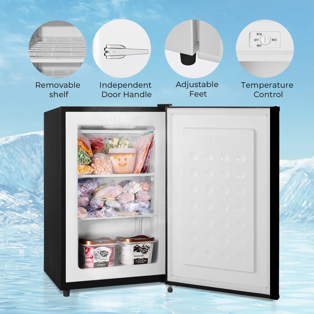 WAA Small Upright Freezer, 2.3 Cu.ft, Removable Shelves, Black