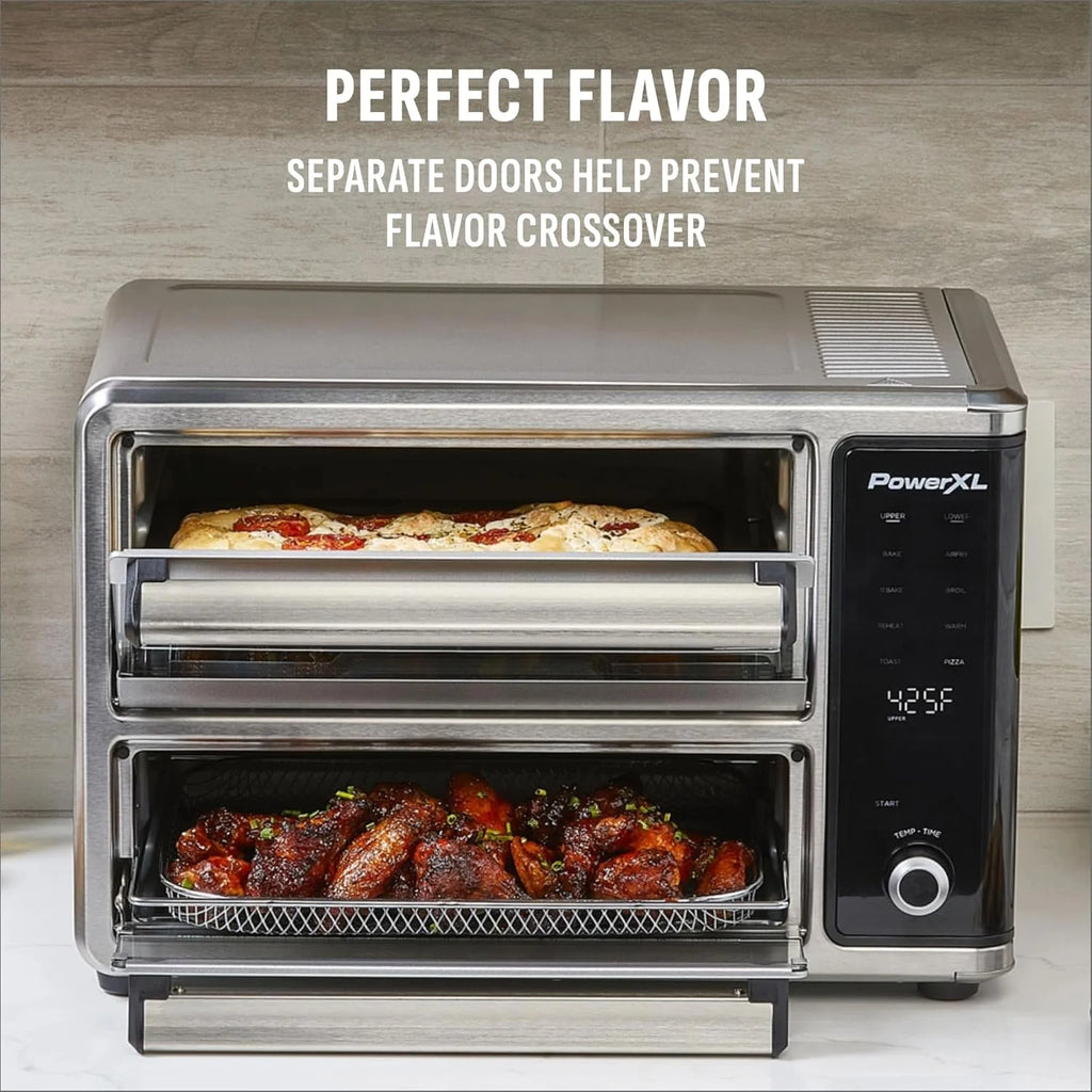 PowerXL SmartSynx Dual Door Oven, 8 Quick-Touch Cooking Presets including Air Fry, Toast, Bake, Broil, Reheat and More Cook 2 Different Foods at the Same Time, Large Capacity & Adjustable Temperature