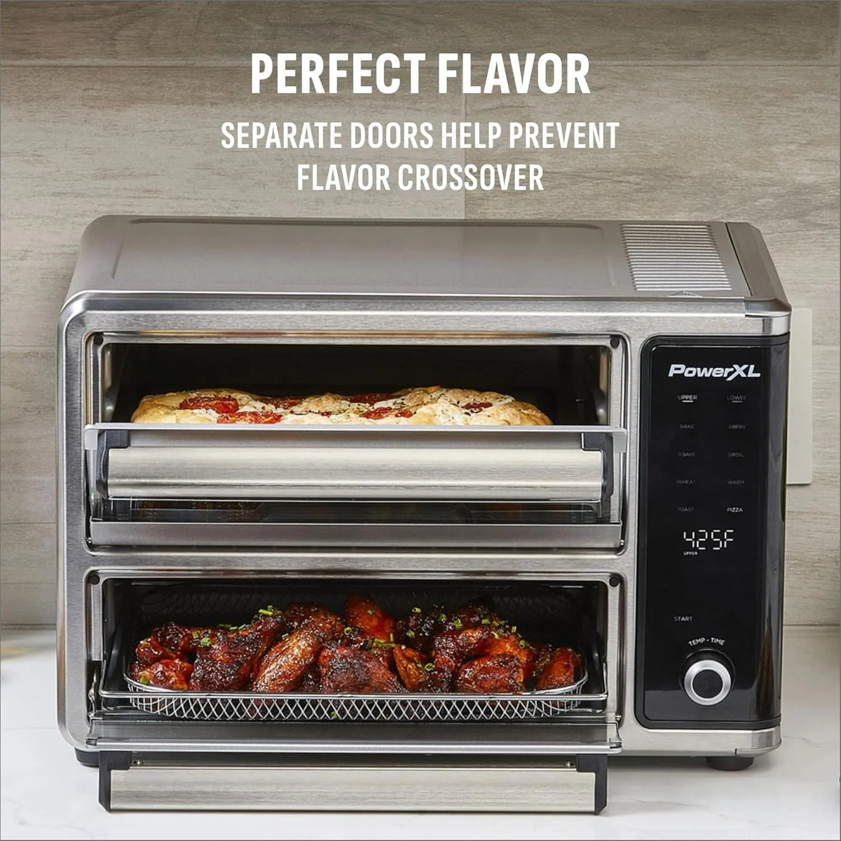 PowerXL SmartSynx Dual Door Oven, 8 Quick-Touch Cooking Presets including Air Fry, Toast, Bake, Broil, Reheat and More Cook 2 Different Foods at the Same Time, Large Capacity & Adjustable Temperature
