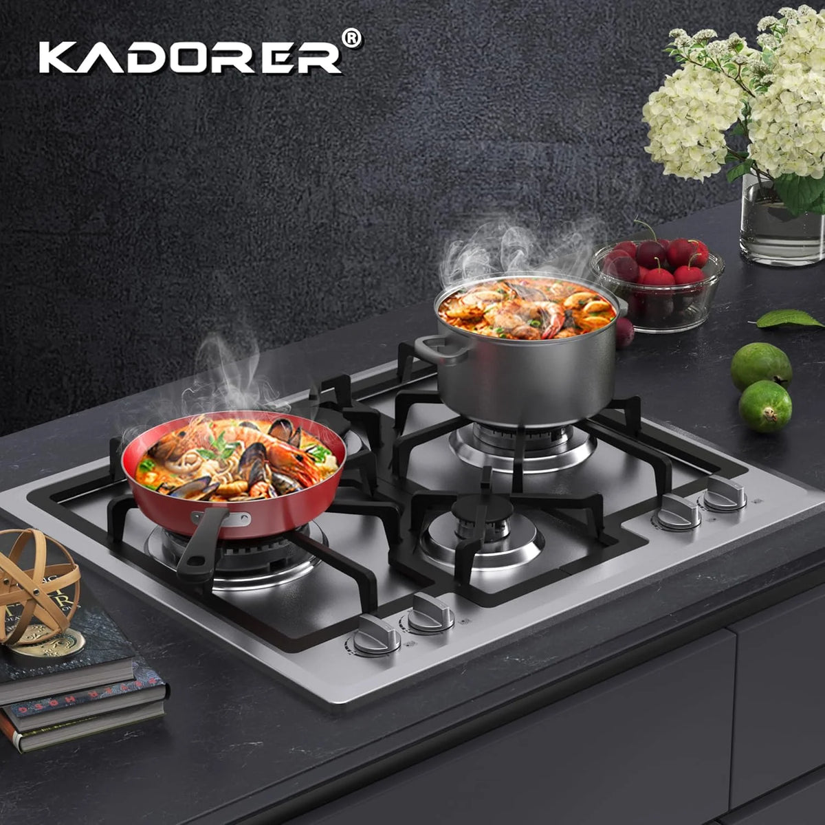 24 inch Gas Cooktop, Bulit-in Gas Stove Top with 4 Burner, NG/LPG Convertible Cooktops, Dual Burner Propane Cooktop with Thermocouple Protection, Stainless Steel