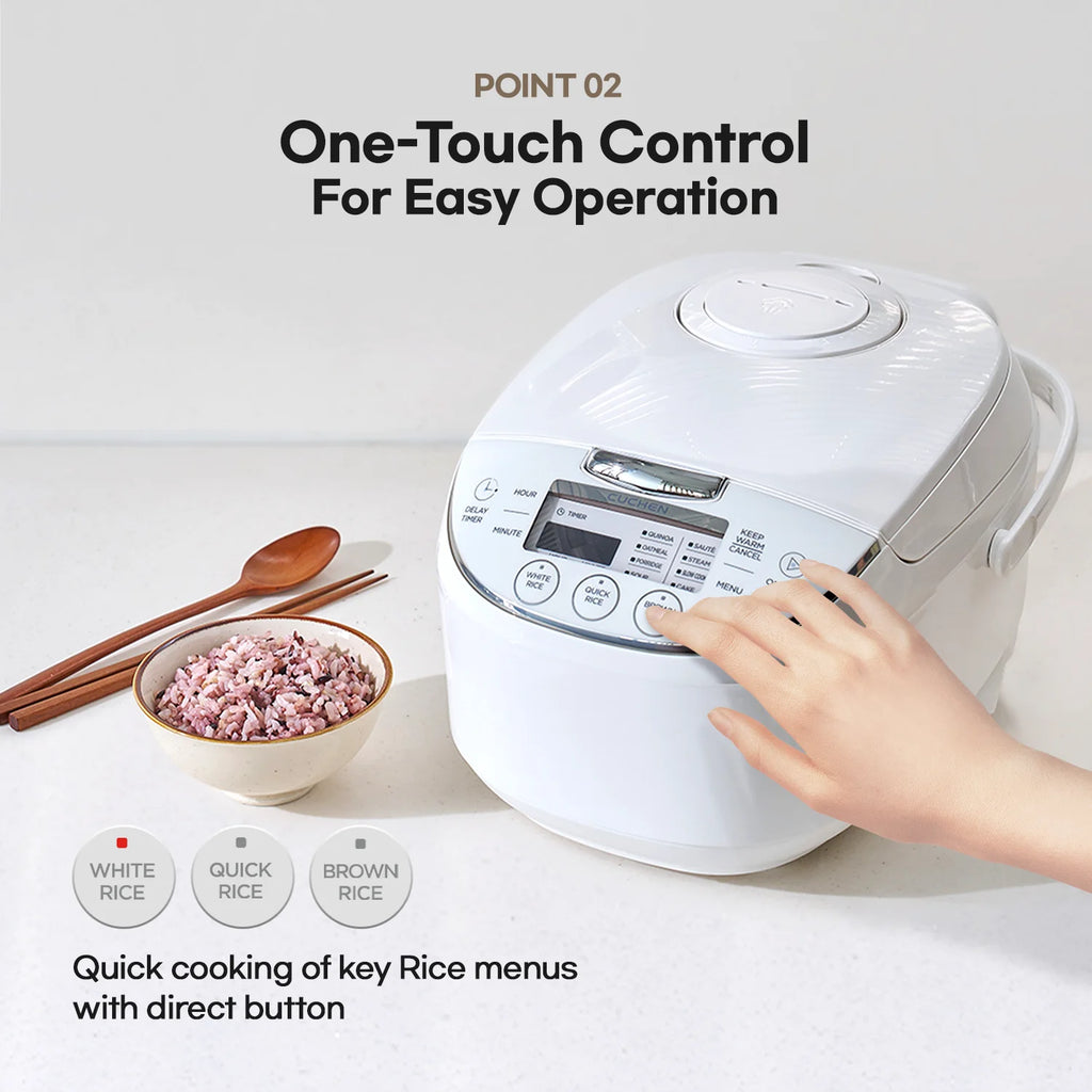 CUCHEN CRM-G0601WUS | Micom Rice Cooker 6 Cup (Uncooked) and Warmer | Direct Touch control | Nonstick Inner Pot | Delay Timer | White