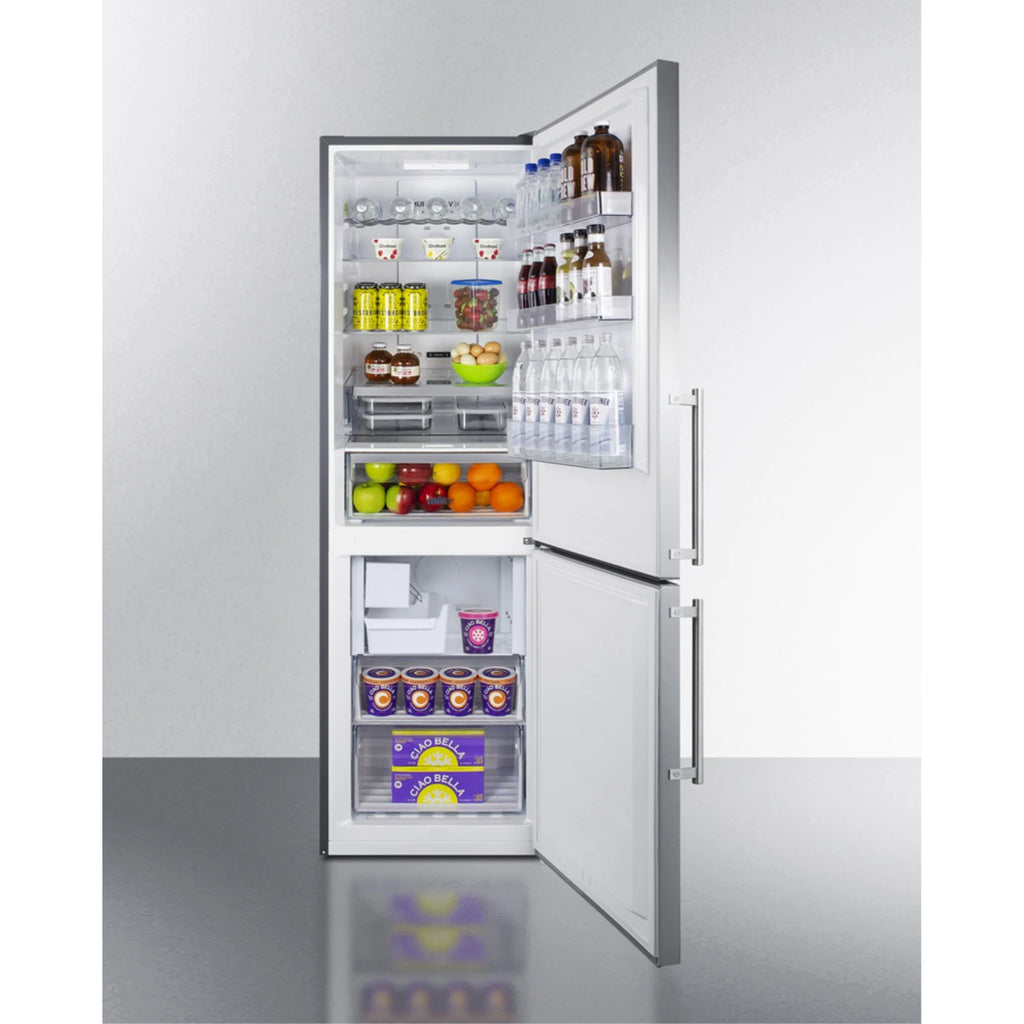European counter depth bottom freezer refrigerator with stainless steel doors, platinum cabinet, factory installed icemaker, and digital controls for each section