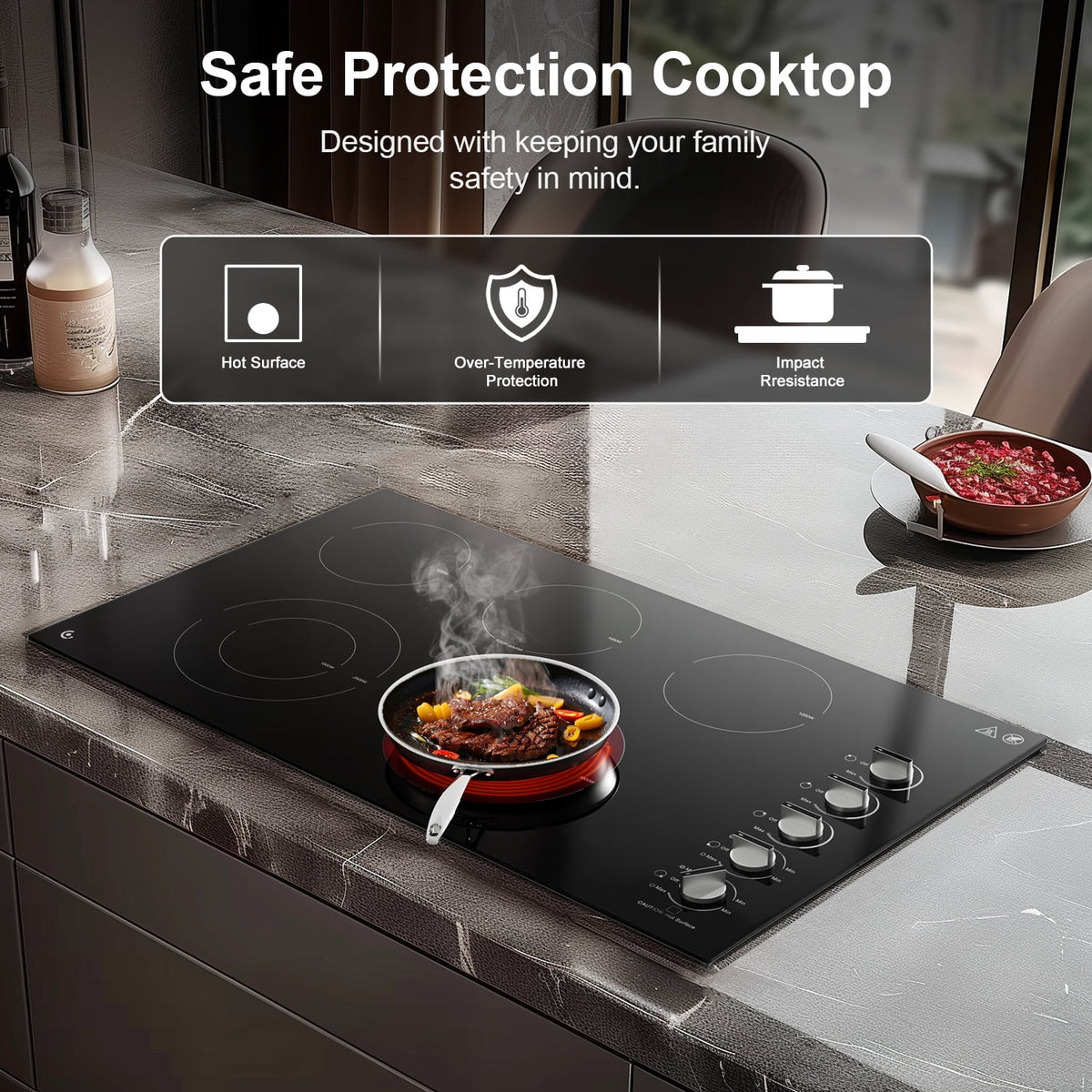 5 Burner Electric Stove, Sunmaki 36 inch Built-in Electric Cooktop 8900W Power Control by Knob for Home/Restaurant, 220V-240V