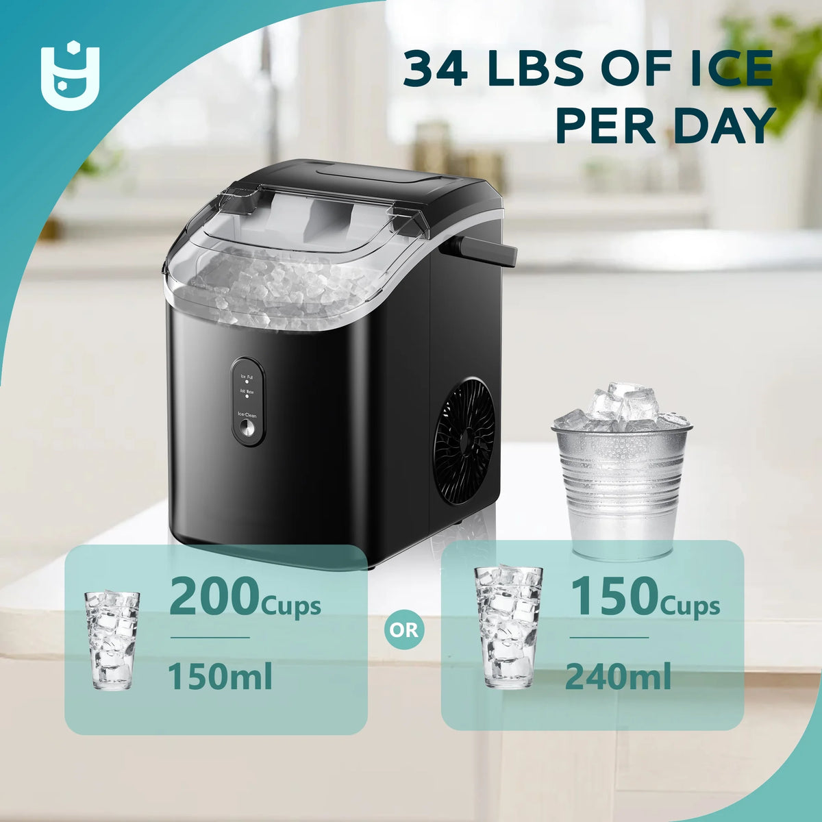 EUHOMY Nugget Ice Maker Countertop with Handle, Ready in 6 Mins, 34.5 lbs Per Day, Removable Top Cover, Auto-Cleaning, Black