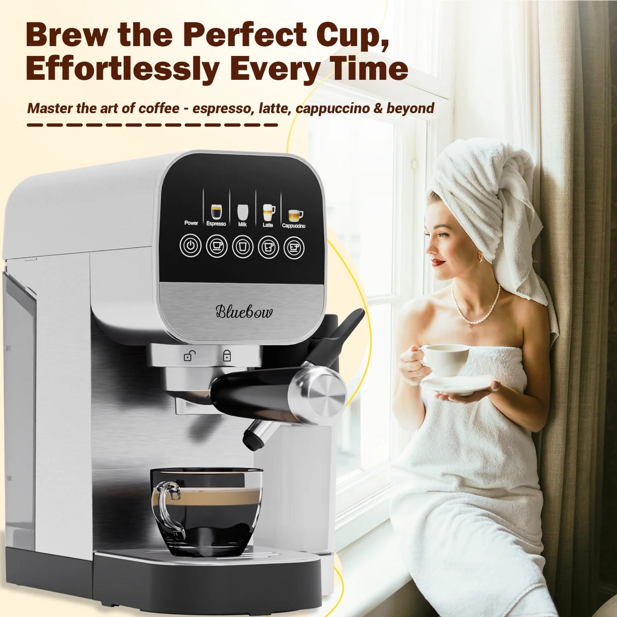 Bluebow Espresso Coffee Machine, 20 Bar Cappuccino & Latte Maker with Auto Milk Frother, Compact Design with Cup Warmer,Stainless Steel