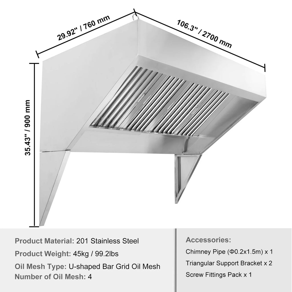 KFFKFF 9FT Stainless Steel Exhaust Hood for Commercial Use, Suitable for Food Trucks and Concession Trailers, Includes 4 Removable U-shaped Grease Filtration Meshes, Durable and Resists Corrosion