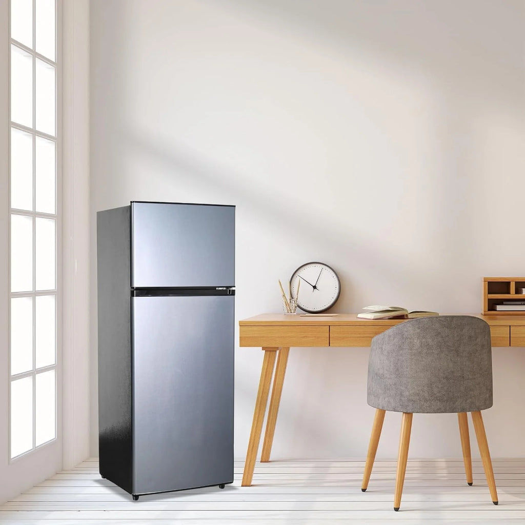 GGTB 3.5 Cu.Ft Fridge with Freezer, Double Door Refrigerator with 6 Level Thermostat, LED Light, Adjustable Glass Shelves for Bedroom, Office, Dorm, Apartment, Silver