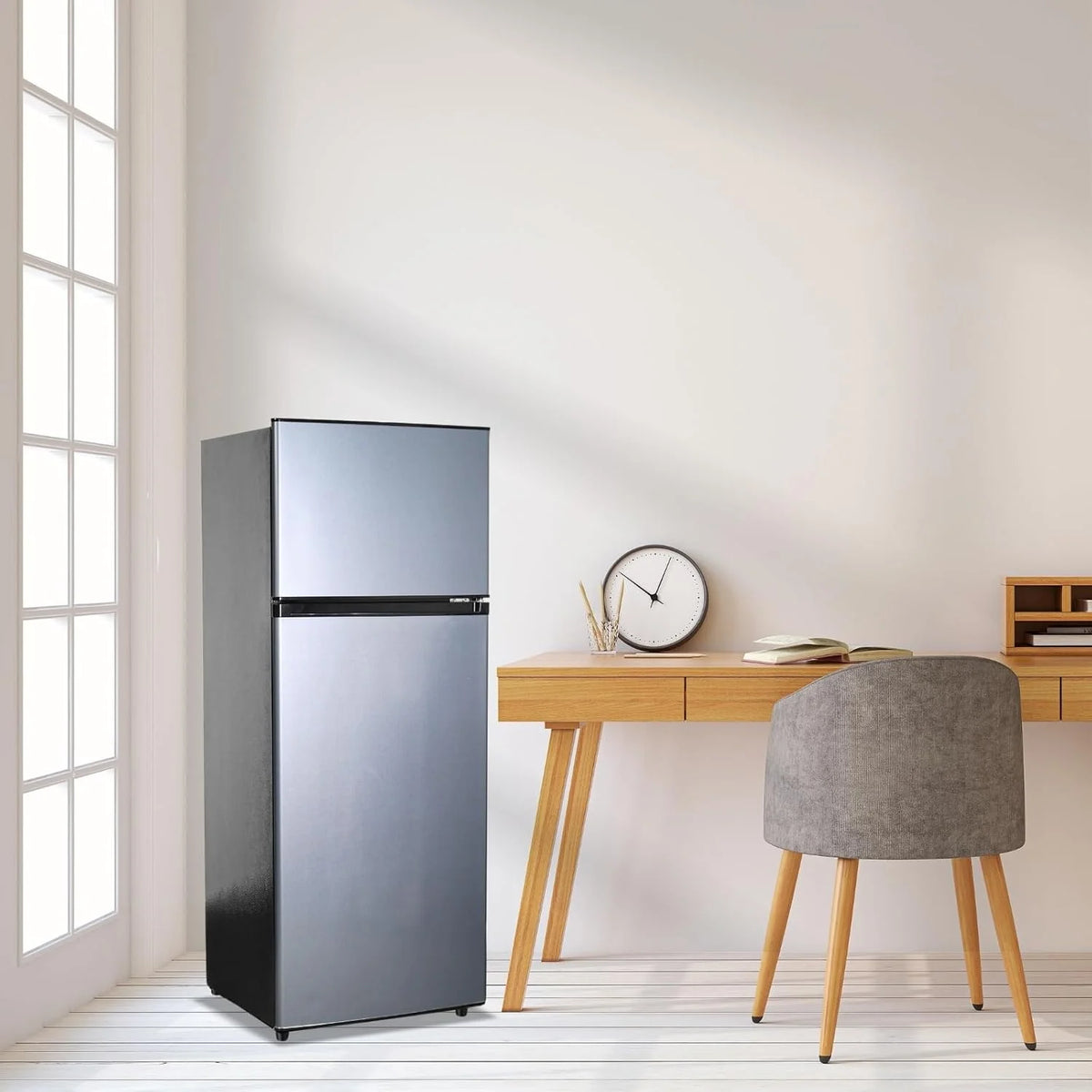 GGTB 3.5 Cu.Ft Fridge with Freezer, Double Door Refrigerator with 6 Level Thermostat, LED Light, Adjustable Glass Shelves for Bedroom, Office, Dorm, Apartment, Silver