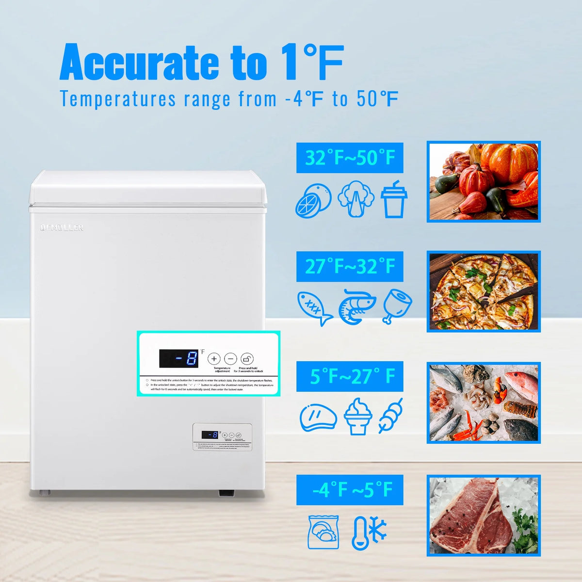 DEMULLER Deep Chest Freezer with 2 Removable Baskets Compact Mini Deep Freezers Stay-Open Lid White