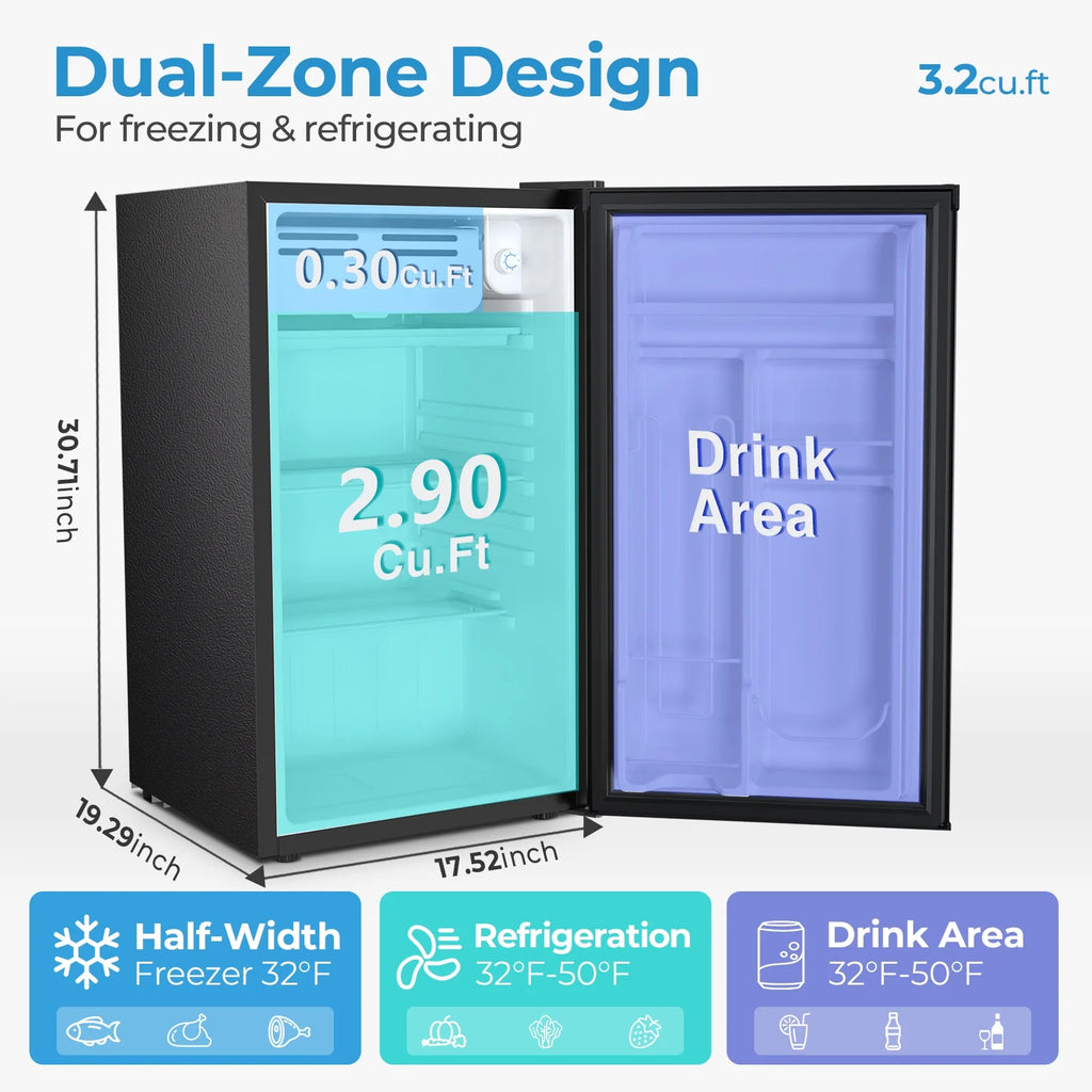 WAA 3.2 Cu.Ft Mini Fridge with Freezer,Single Reversible Door Compact Refrigerator,Adjustable Thermostat,2 Removable Shelves,Small Dorm Fridge for Bedroom,Office,Kitchen,Dorm,Black