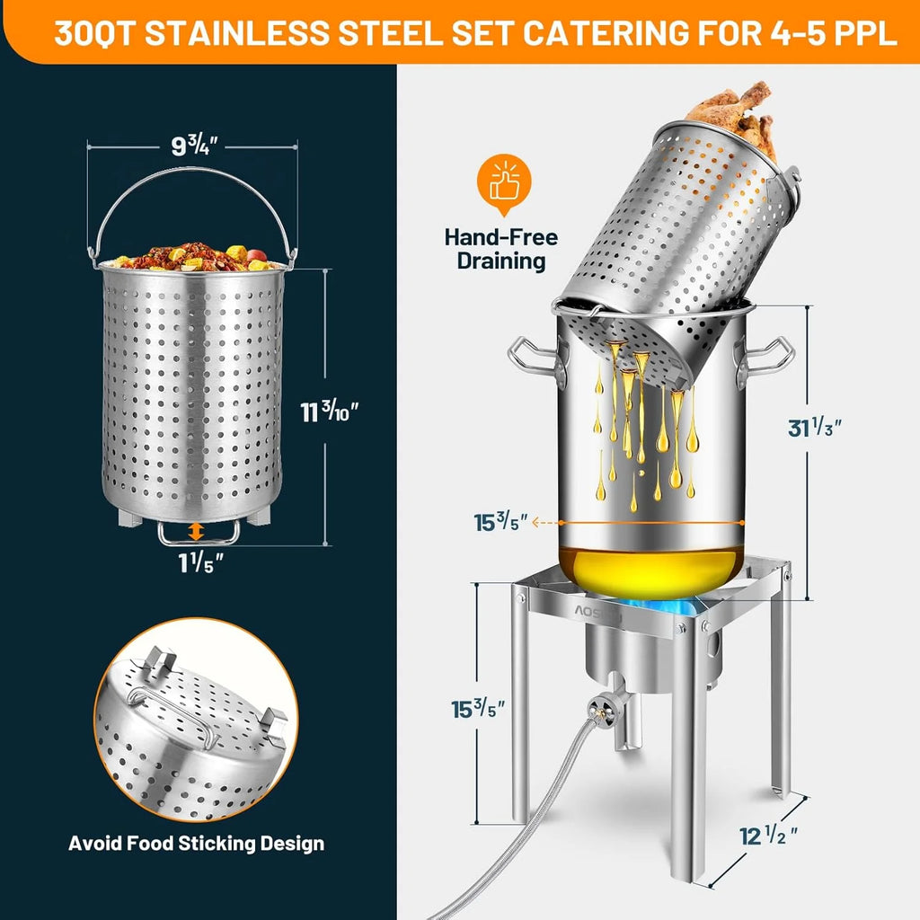 30QT Stainless Steel Turkey Fryer&Seafood Boil Pot with 55,000BTU Propane Burner for Outdoor Cooking of Turkey,Crab,Lobster and Shrimp