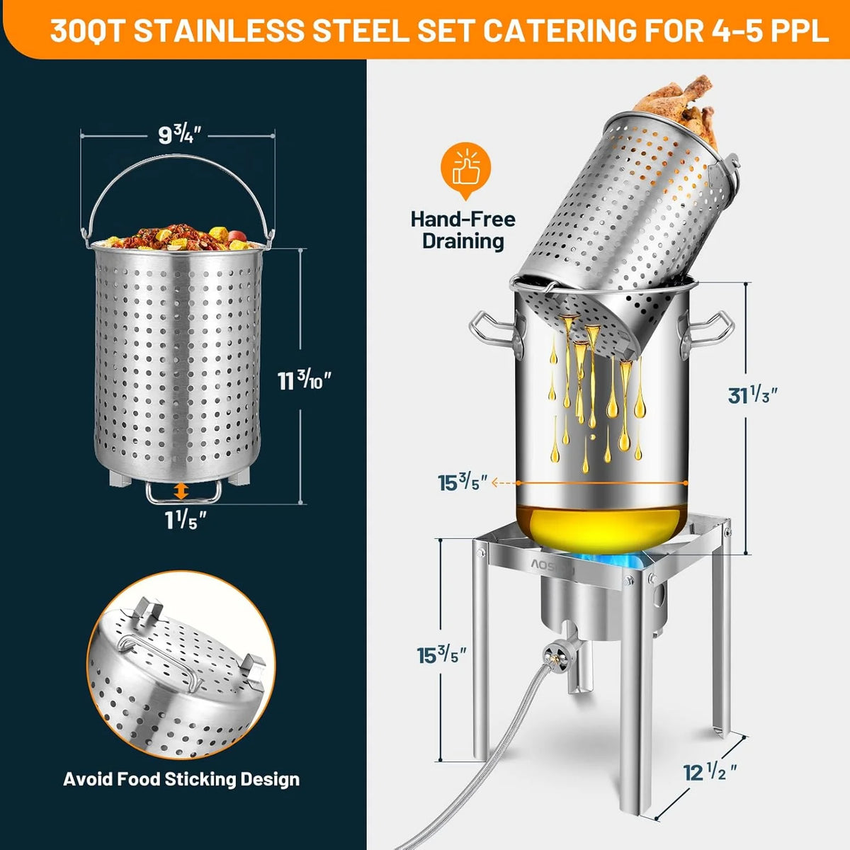 30QT Stainless Steel Turkey Fryer&Seafood Boil Pot with 55,000BTU Propane Burner for Outdoor Cooking of Turkey,Crab,Lobster and Shrimp