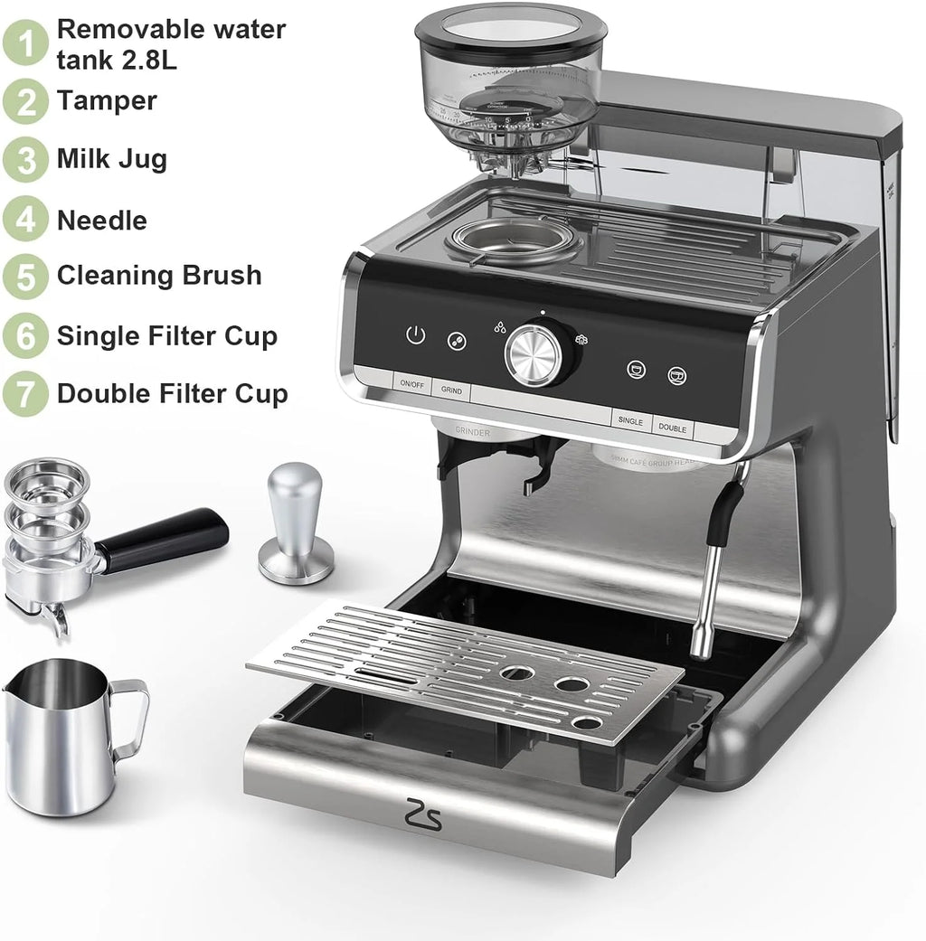 Espresso Coffee Machine with Grinder, 20 Bar Semi-Automatic Espresso Maker with Milk Frother Steamer Wand for Cappuccino, Latte, Macchiato, 2.8 L Water Tank, PID Temperature Control, Silver
