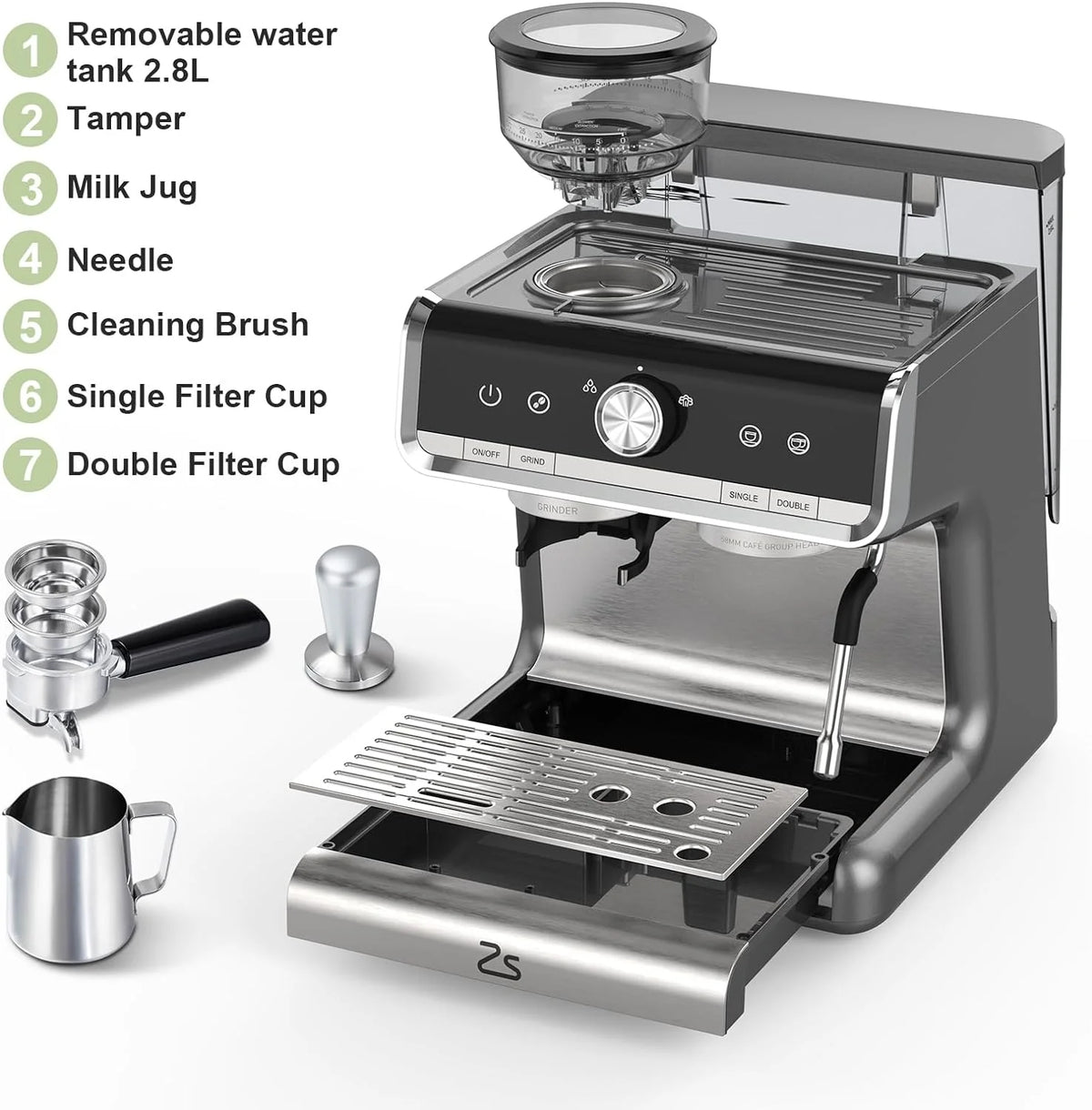 Espresso Coffee Machine with Grinder, 20 Bar Semi-Automatic Espresso Maker with Milk Frother Steamer Wand for Cappuccino, Latte, Macchiato, 2.8 L Water Tank, PID Temperature Control, Silver