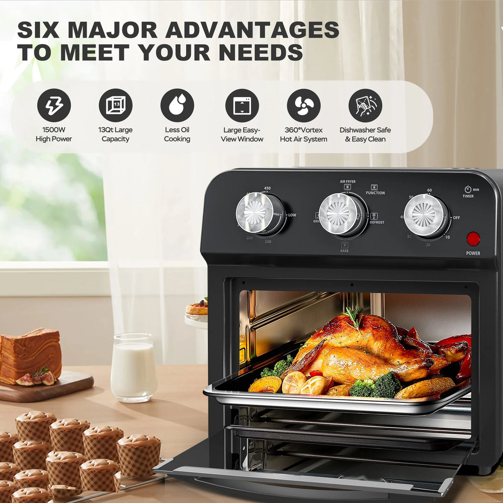 PlumChef 13 Quart 4 Slices Air Fryer Convection Toaster Oven, 1500W, 7 in 1 Multifunction with Roast, Bake, Grill, Broil, Toast, Dehydrate, Defrost, Stainless Steel