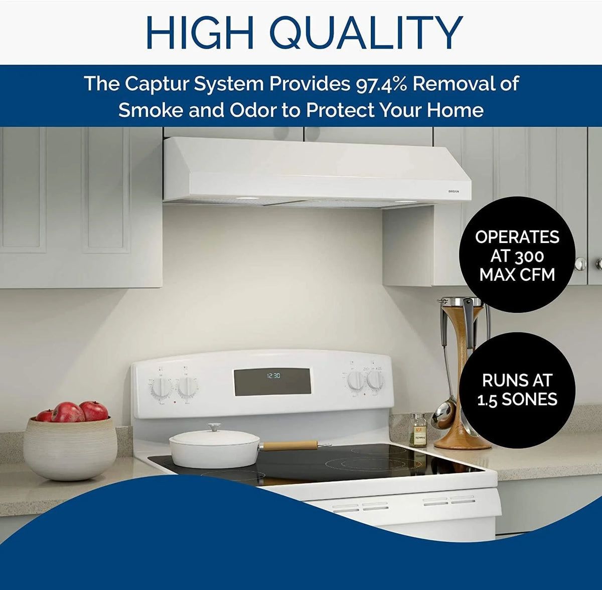 Broan-NuTone BKSH130BL Sahale 30-inch Under-Cabinet Easy Install 4-Way Convertible Range Hood with 2-Speed Exhaust Fan and Light, 300 Max Blower CFM, Black
