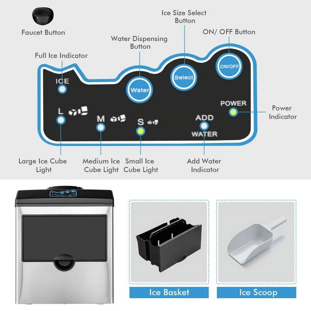 Resenkos 2-in-1 Stainless Steel Countertop Ice Maker with Water Dispenser,Countertop Ice Maker Machine with Handle, Portable Ice Maker with Scoop for Home/Kitchen/Camping/RV