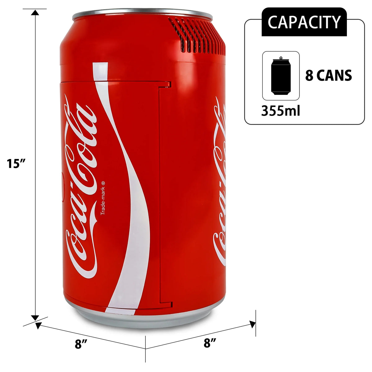 Coca-Cola 8 Can Portable Mini Fridge w/ 12V DC and 110V AC Cords, 5.4L (5.7 qt) Can Shaped Personal Cooler, Red, Travel Fridge for Drinks, Snacks, Lunch, Home, Office, Dorm Room, RV