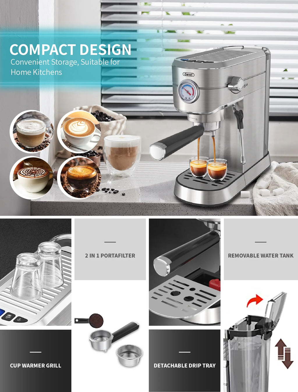 Gevi Compact Espresso Coffee Machine with Milk Steam Wand GECME418EA-U
