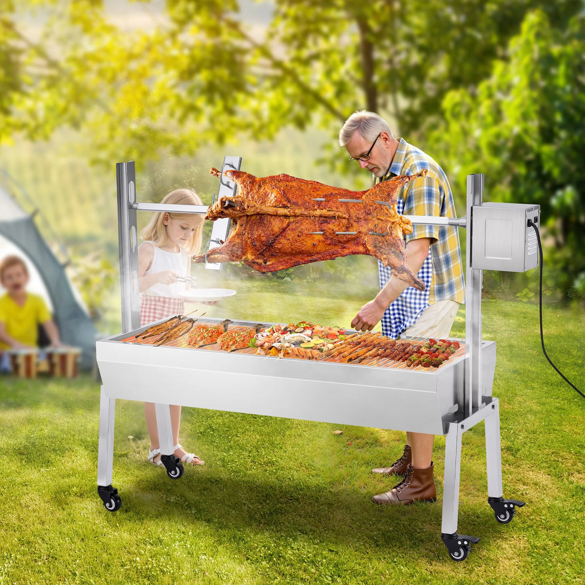 LUXOAK Electric BBQ Rotisserie Grill Kit, 46" 132 Lbs Capacity, 45W Motor, Height-Adjustable Stainless Steel Pig Roaster with Triangular Stability Support Stand for Pig Lamb