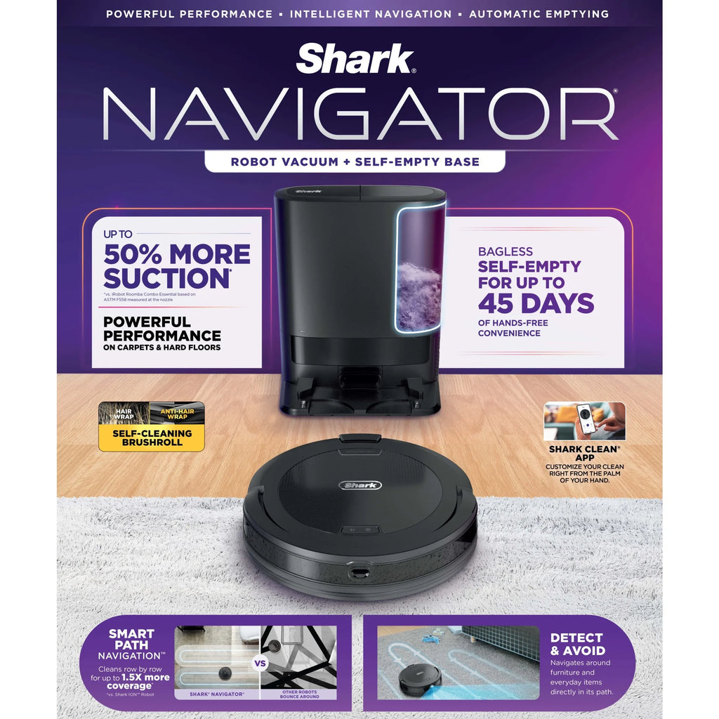 Shark Navigator Robot Vacuum and Self-Empty Base with Bagless, 45-Day Capacity Self-Empty Base and SmartPath Navigation, Black, RV2100AE