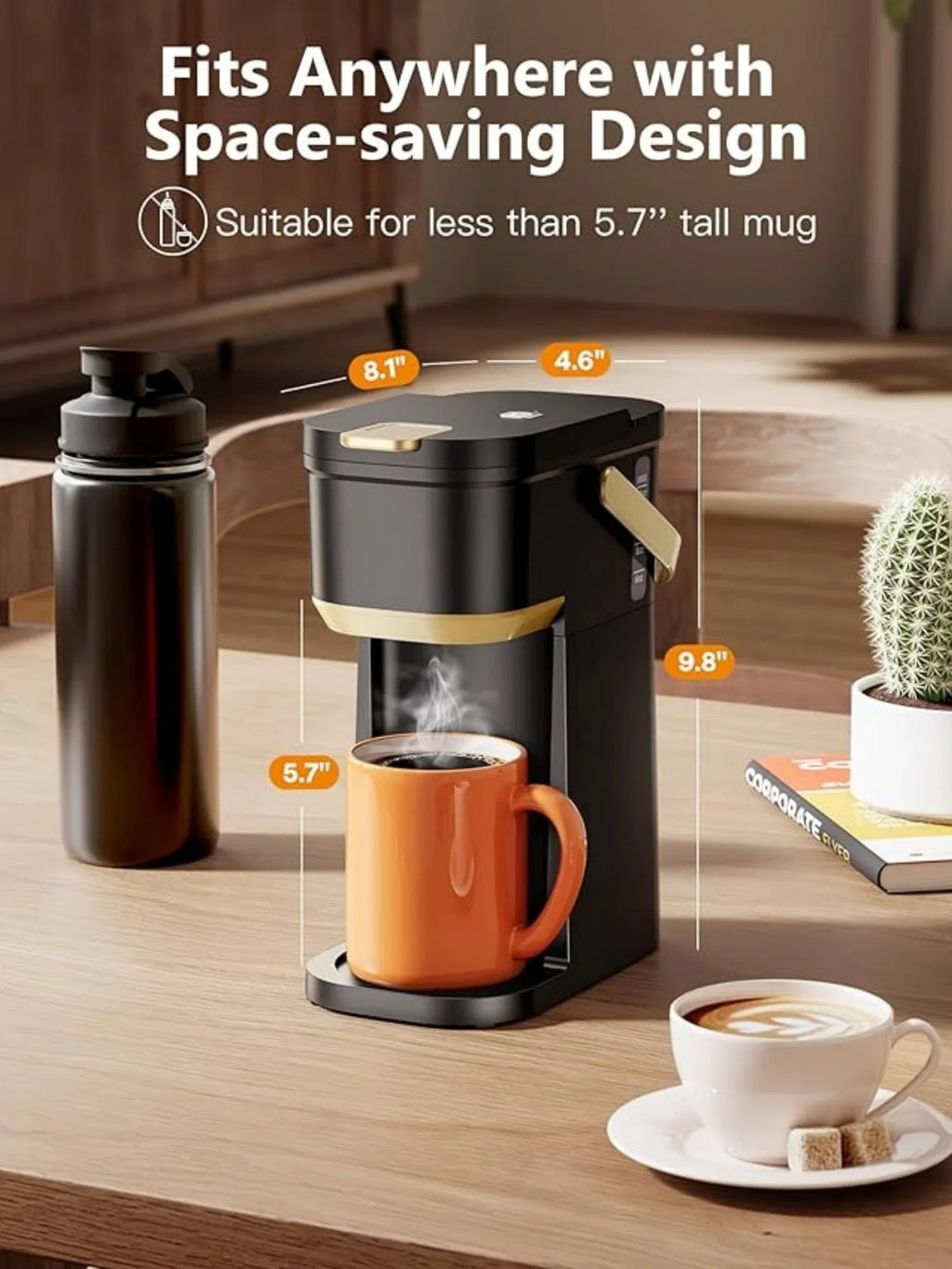 Single Serve One Cup Coffee Maker, for K Cups and Grounds, Mini Coffee Maker with Portable Handle, 6 to 12 Oz Brew Size, for Travel, Camping, Office, RV and Dorm, Black and Gold