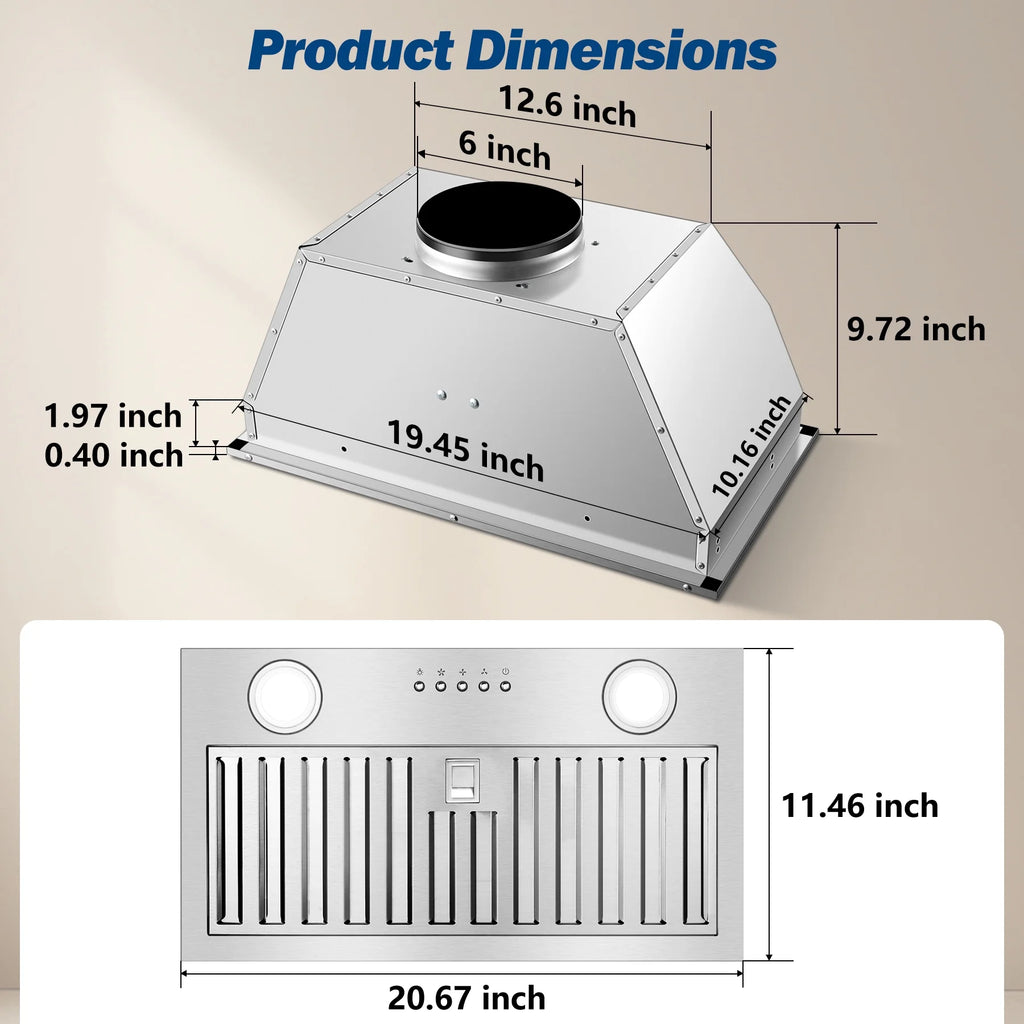 20" 600 CFM Range Hood Insert, Ultra-Quiet ��60dB, Dishwasher-Safe Filter, 3-Speed, LED Lights, Ductless/Ducted