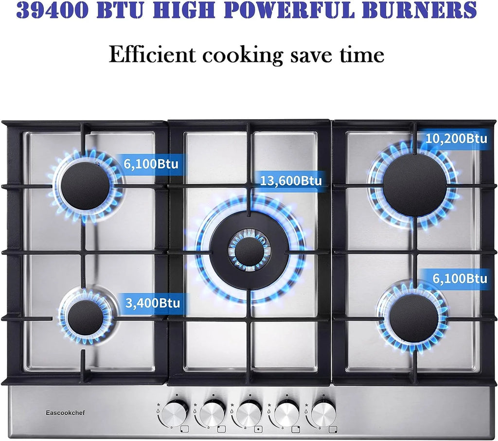 30 inch Gas Cooktop Gas Stove Top w/ 5 High Efficiency Burner Bulit-in Stainless Steel Gas Stoves for Kitchen NG/LPG Convertible Thermocouple Protection