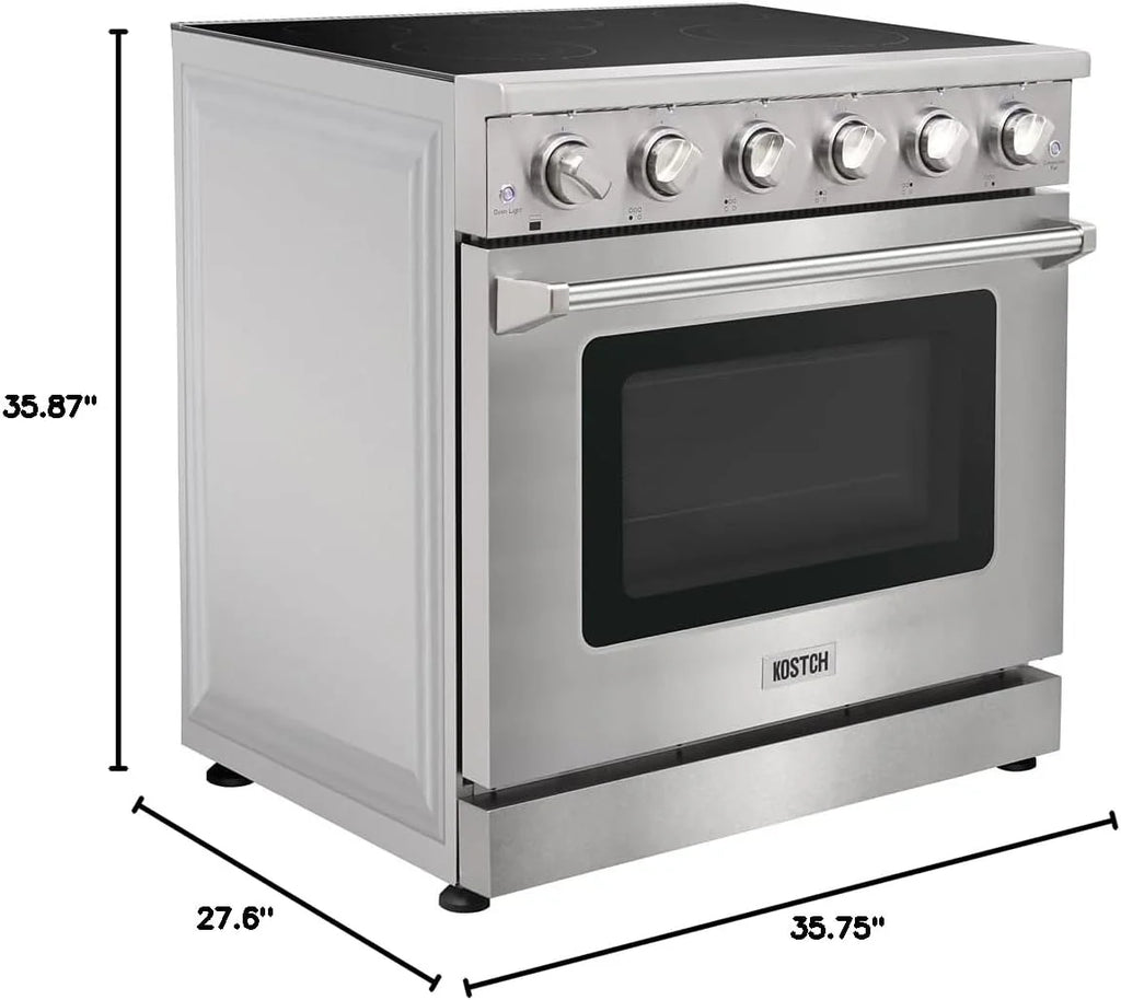 KOSTCH 36 inch Electric Range, 5-Burner Cooktop with 6.0 cu ft Convection Oven, Glass Top, in Stainless Steel