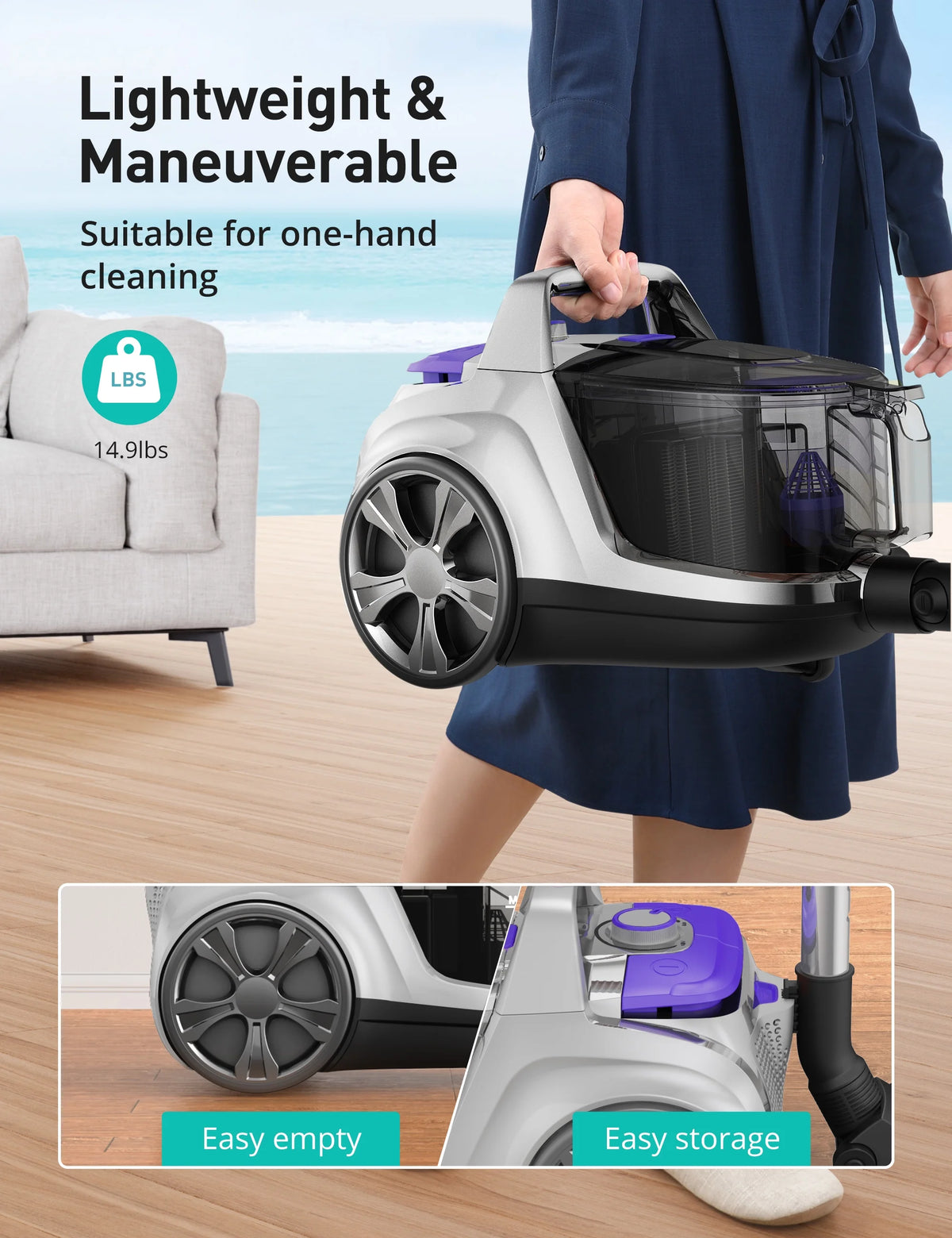 Canister Vacuum Cleaner, 30Kpa Powerful Suction, Bagless with 3.7QT Large Dust Cup, Auto Cord Rewind, HEPA Filter, 5 Attachments, Lightweight Vacuum for Pet Hair, Hard Floors & Car