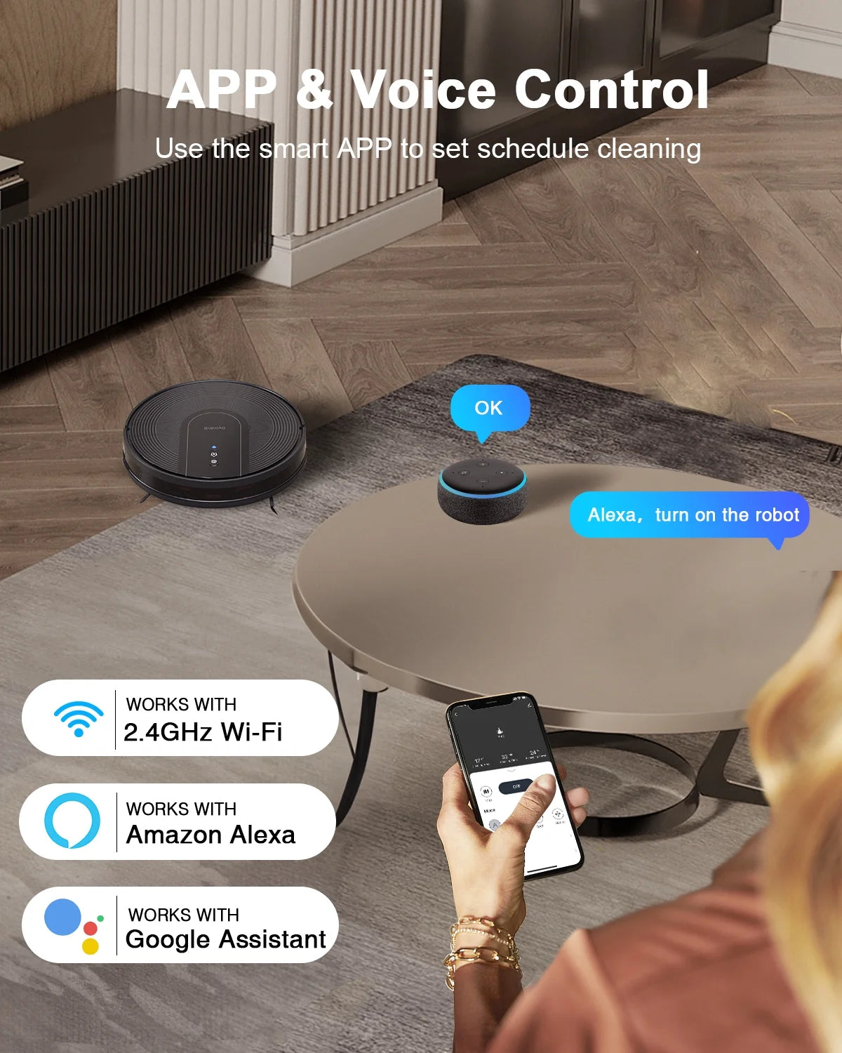 Enboya D60+ Robot Vacuum Cleaner - Self-Emptying Base, 9000Pa Suction, Wi-Fi/App/Voice Control, Smart Vacuum