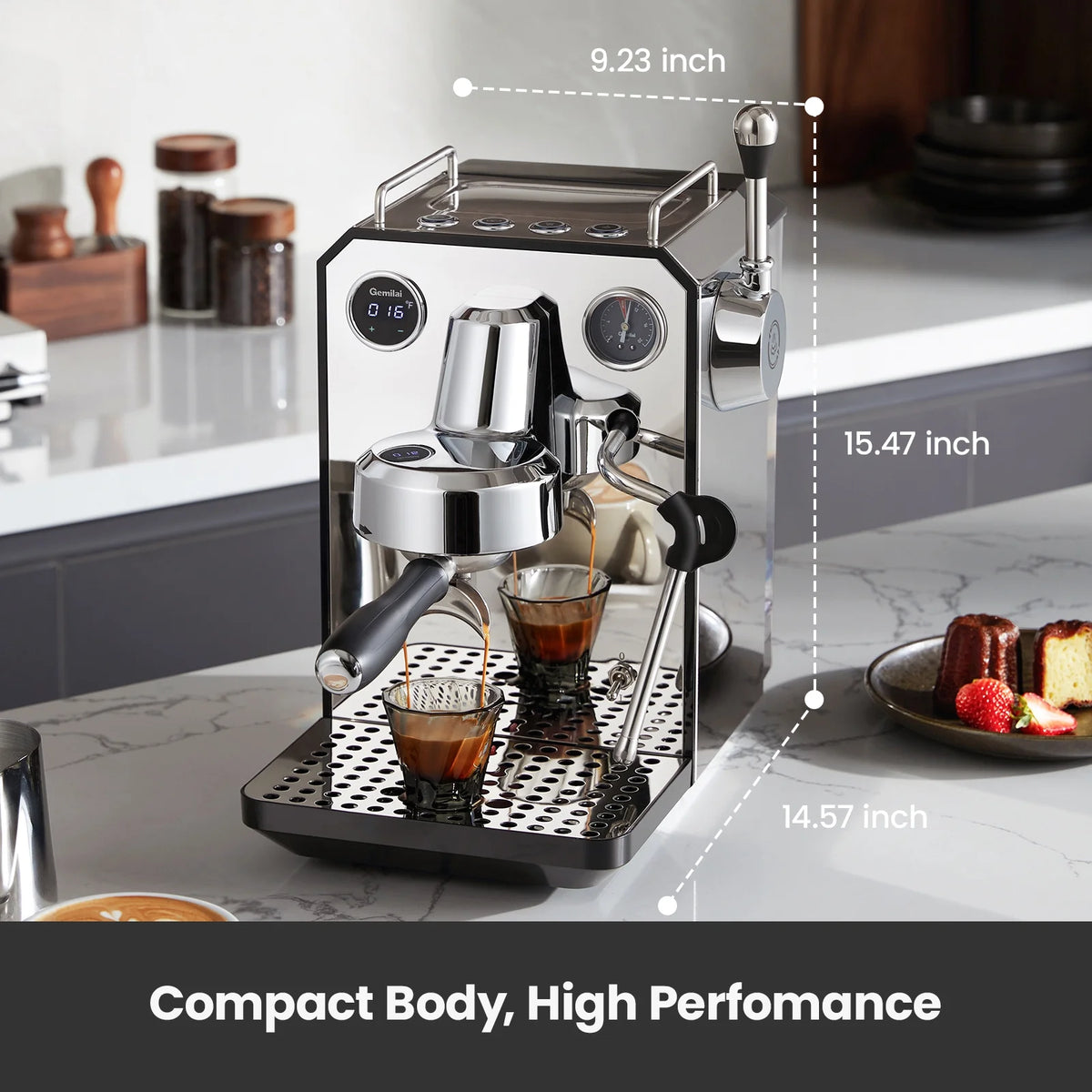 Gemilai G3006 Owl 15-Bar Semi-Auto Espresso Machine, Dual Display, Milk Frother, 57oz Tank, Stainless Steel Coffee Maker