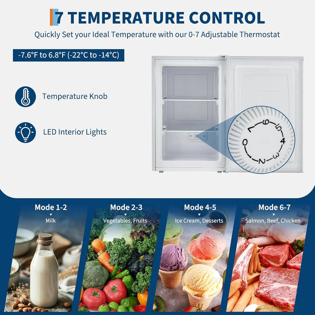 M optimized Upright Freezer, 3.0 Cu.Ft. Compact Mini Freezer with Reversible Single Door, 7 Adjustable Thermostat & 3 Removable Shelves, for Apartment, Dorm, Home, Office