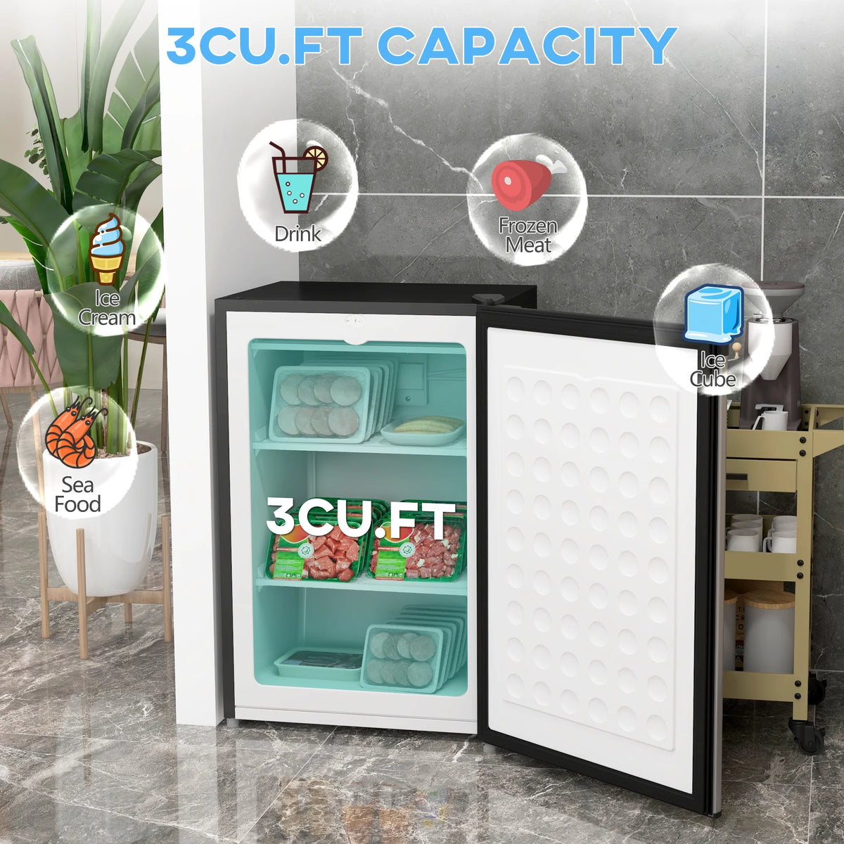 Upright Freezer, 3.0 Cubic Feet Compact Mini Freezer with Reversible Single Door and Adjustable Thermostat, Small freezer for Home, Dorm, Apartment, Home Office, Silver