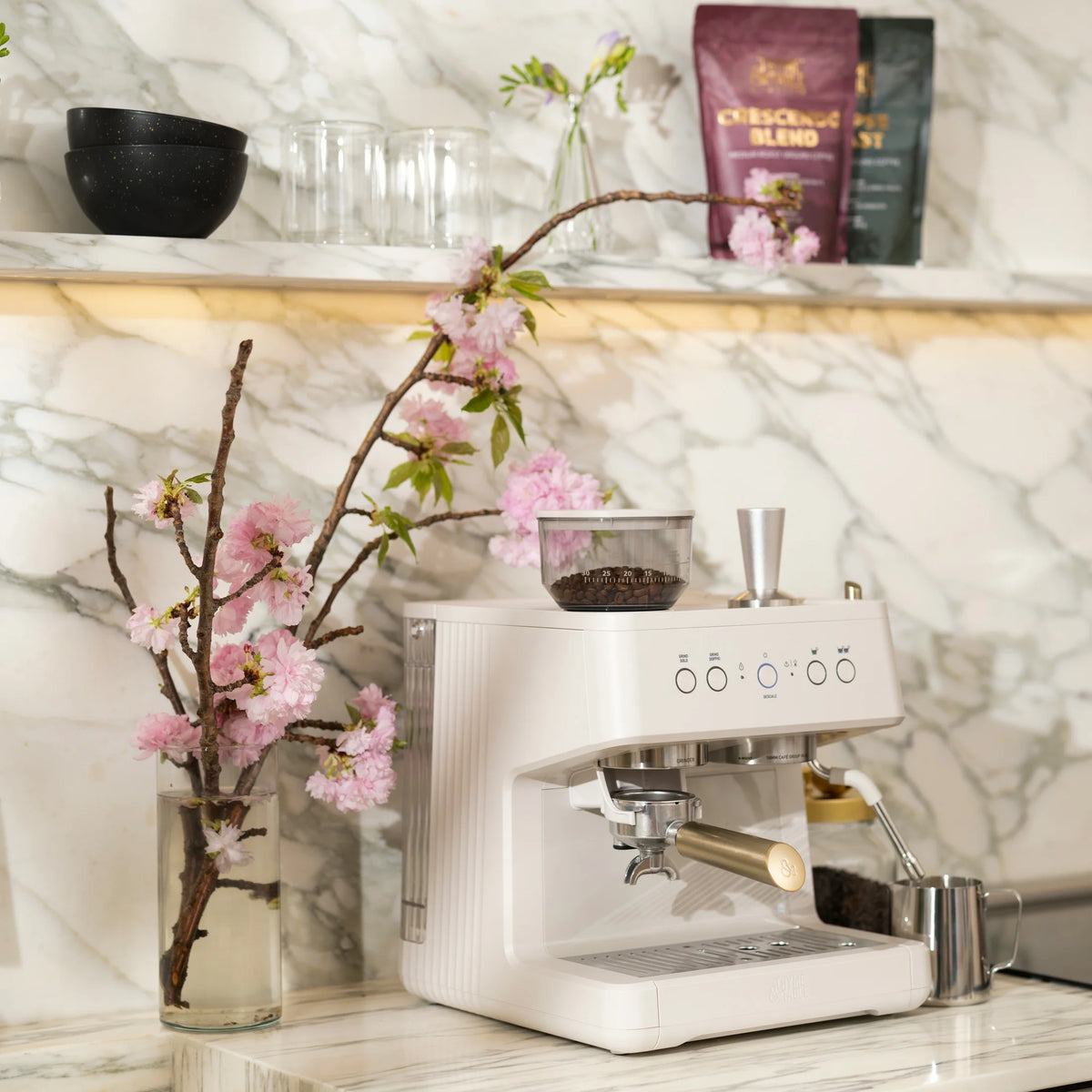 Thyme & Table Barista Grade Espresso Machine with 15-Bar Pressure, Conical Burr Grinder and Steam Wand, Sand White