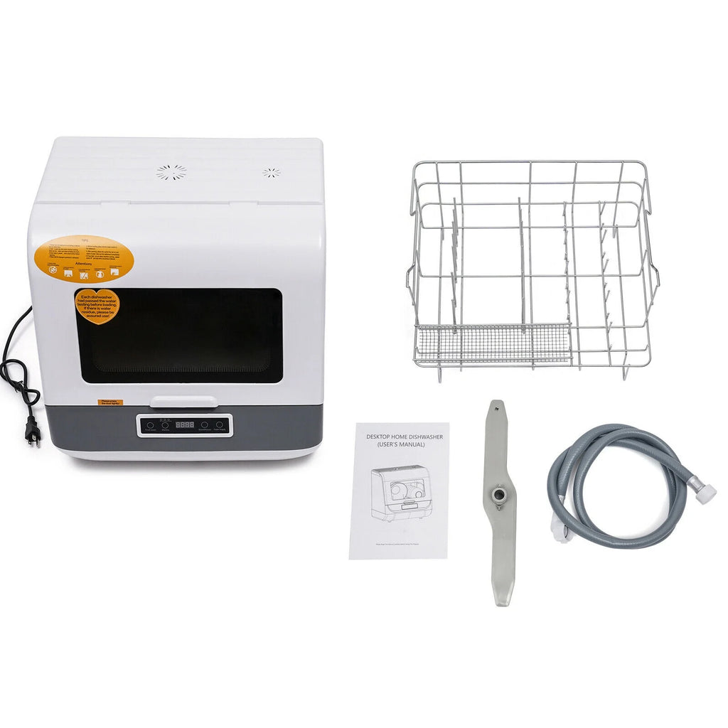 Fichiouy Portable Countertop Dishwasher 3 Programmes with LED Display&Water Pipe Air Dry Function White